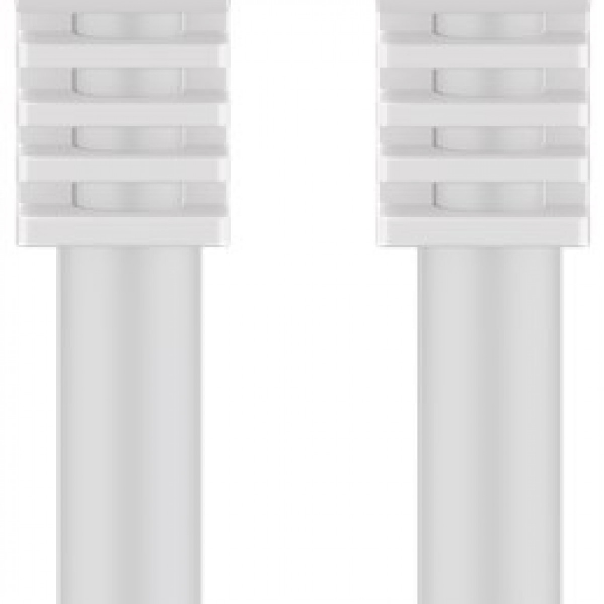 Dwa białe końce kabli o warstwowym wzorze. Cylindryczna podstawa. Białe tło.