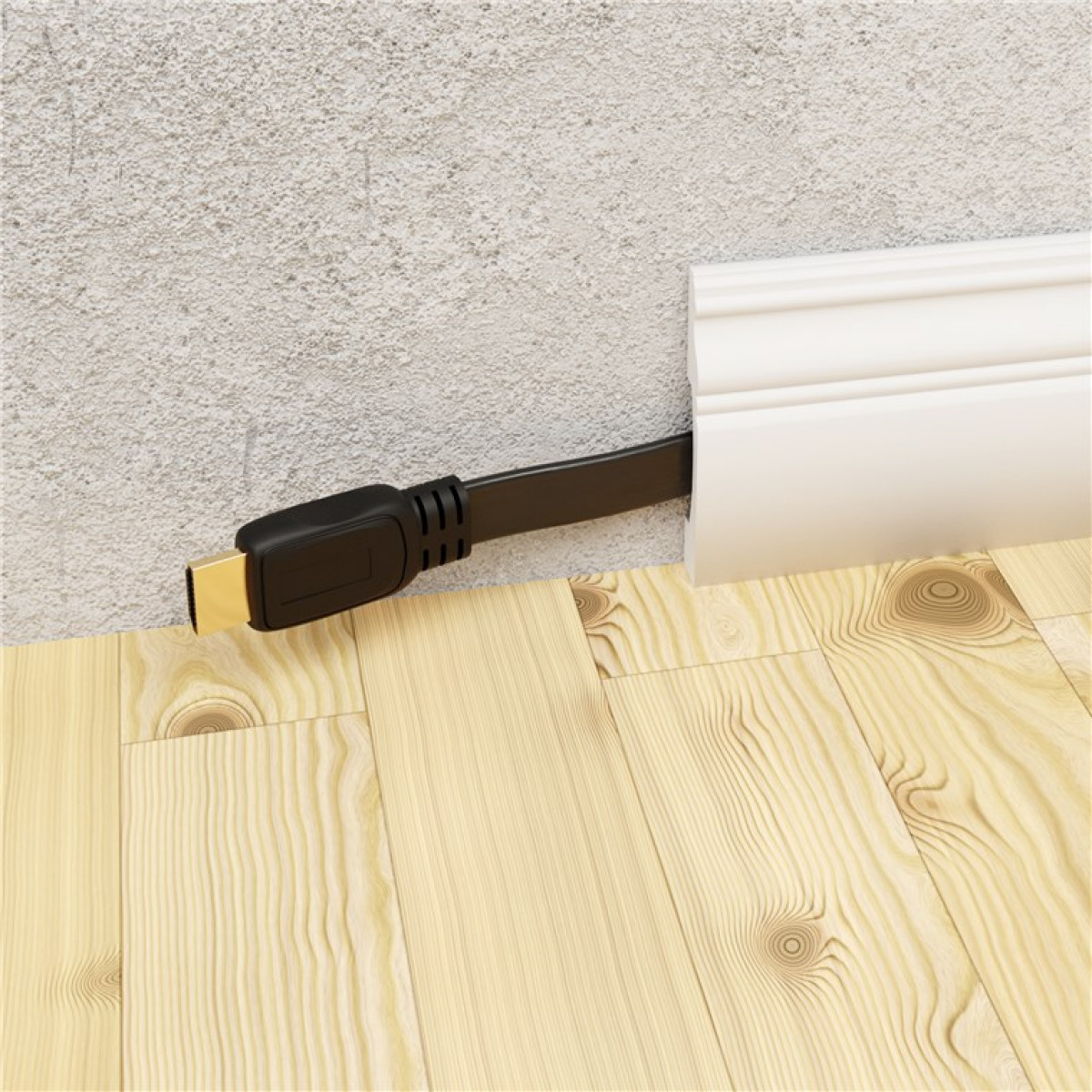 Schwarzes HDMI-Kabel kommt aus Wand, neben weißer Blende und Holzfußboden.