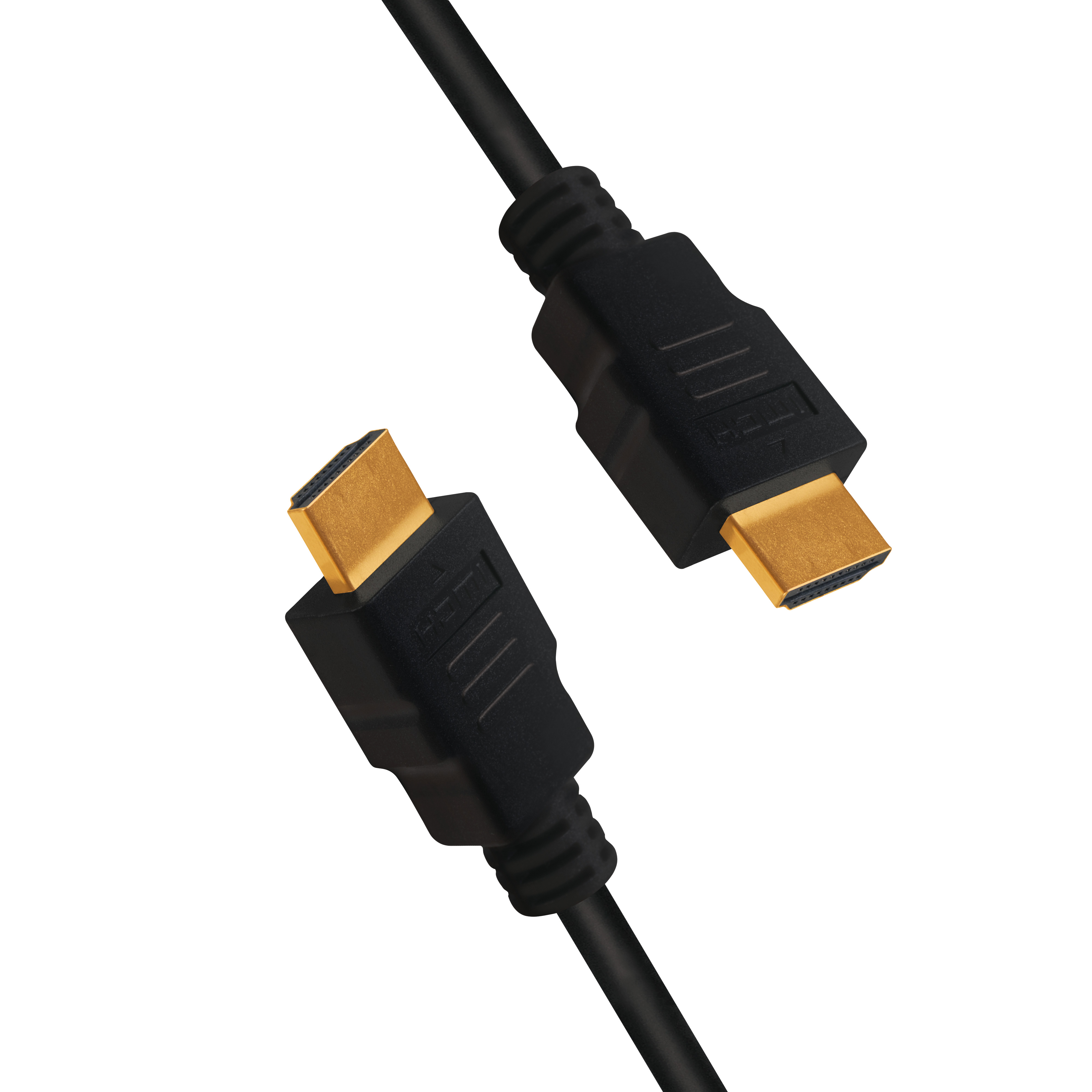 Zwei schwarze HDMI-Kabel mit goldenen Steckern, vor weißem Hintergrund, Nahaufnahme.