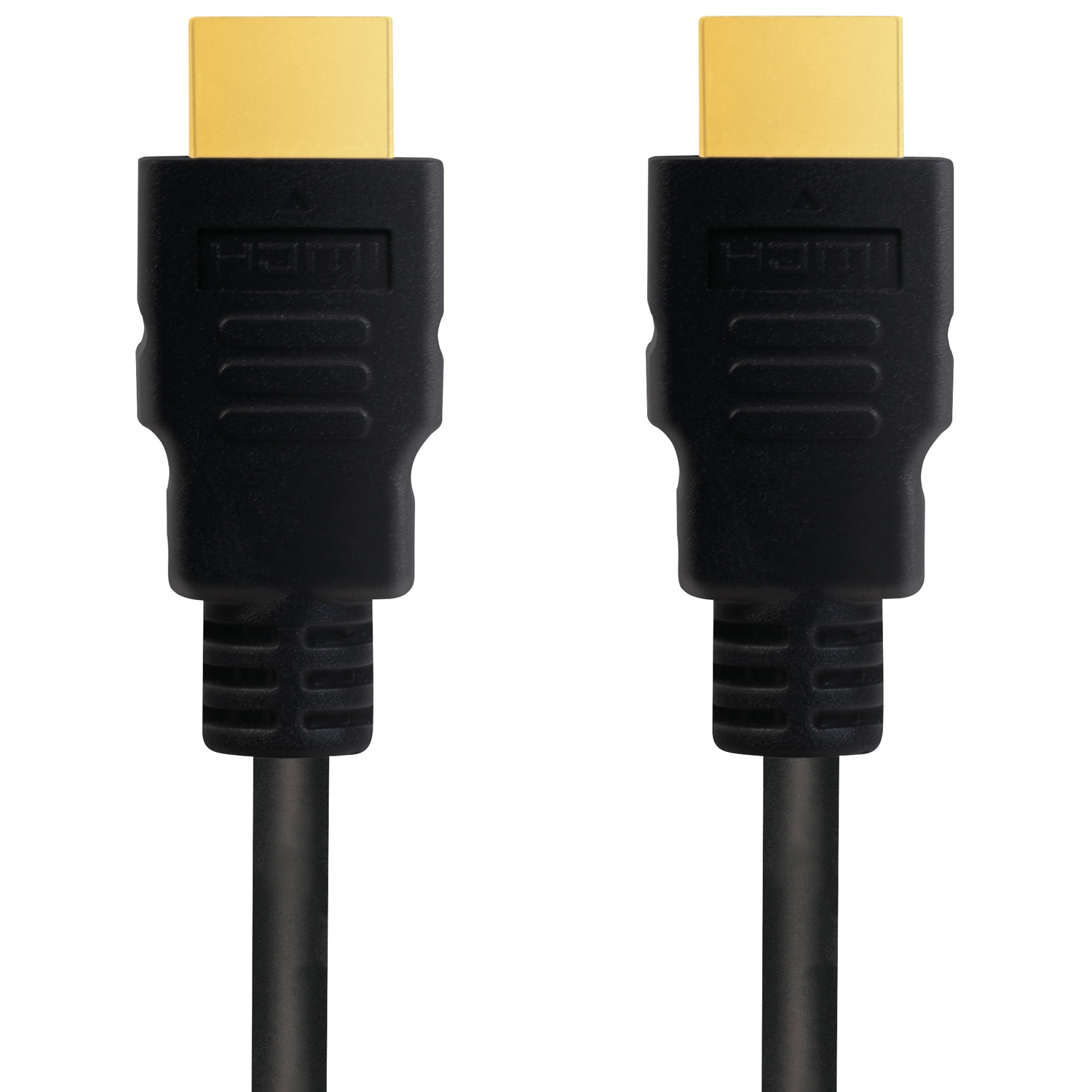 Zwei schwarze HDMI-Kabel mit goldenen Steckern. Sie liegen nebeneinander auf weißem Hintergrund.