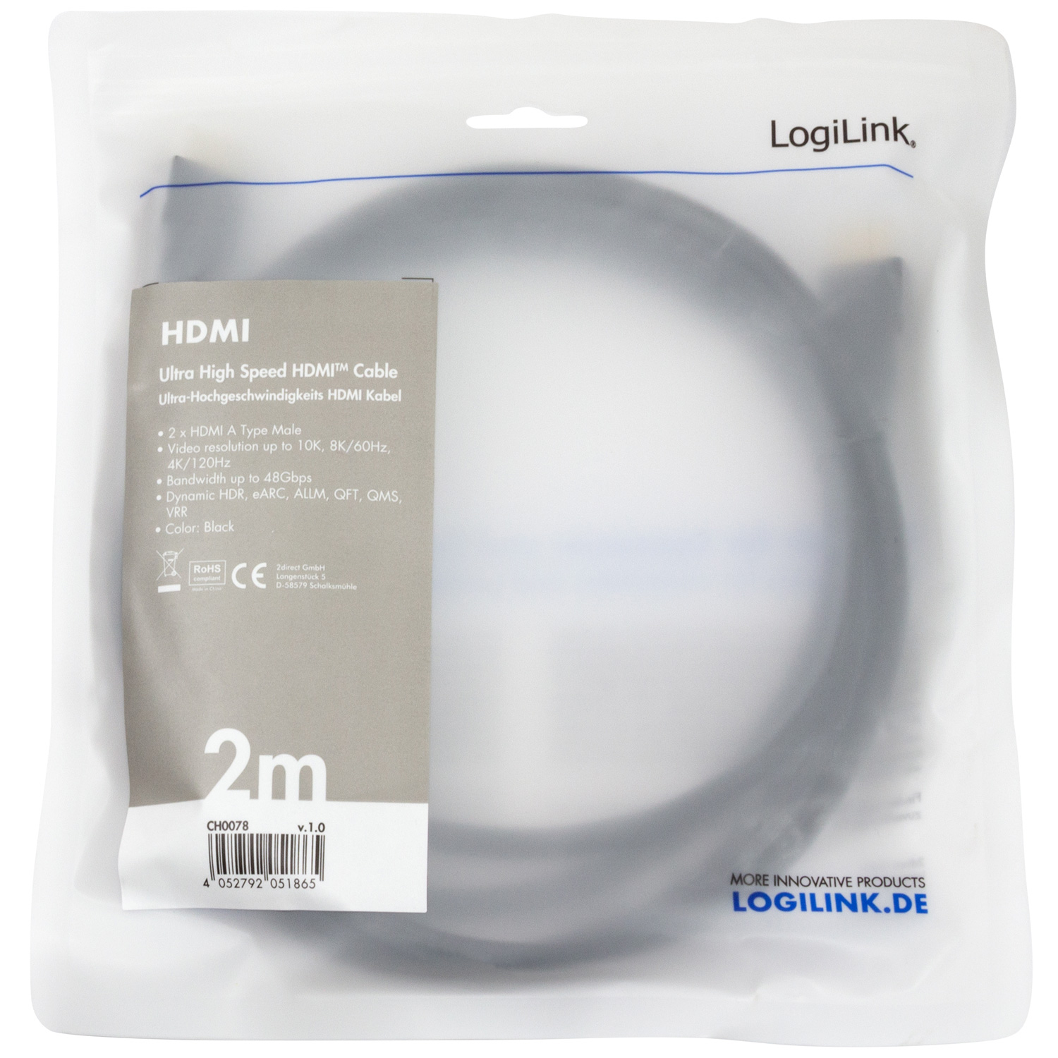 Ein verpacktes HDMI-Kabel, schwarz, mit Produktdetails auf dem durchsichtigen Kunststoff.