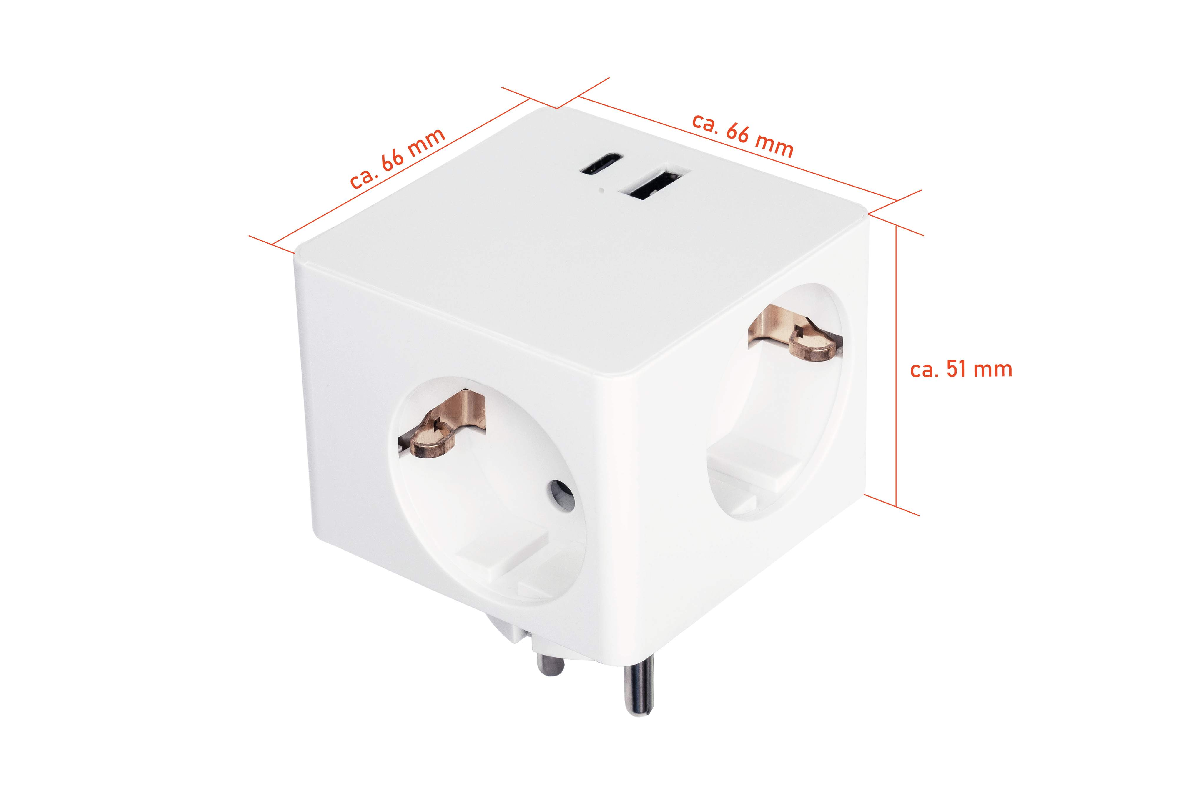 Weißer Elektroadapter mit mehreren Steckdosen und Messungen. Abmessungen im Bild gezeigt.