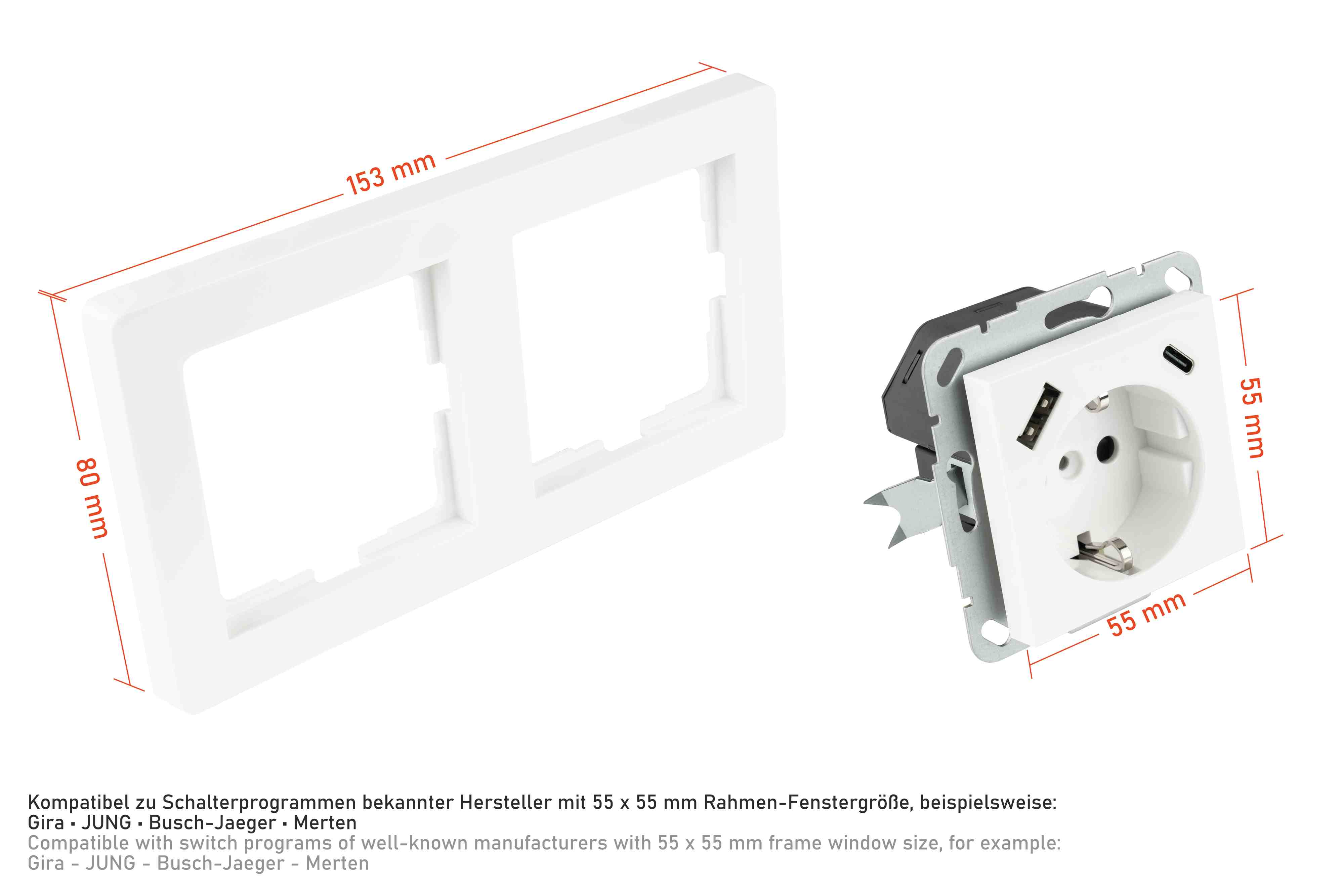 Doppio telaio bianco con presa di corrente, entrambi con dimensioni in mm.