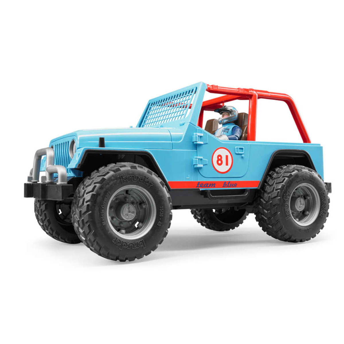 Niebieski zabawkowy Jeep z czerwoną pałąkiem, kierowcą i dużymi czarnymi oponami. Z boku napis „team blue”.