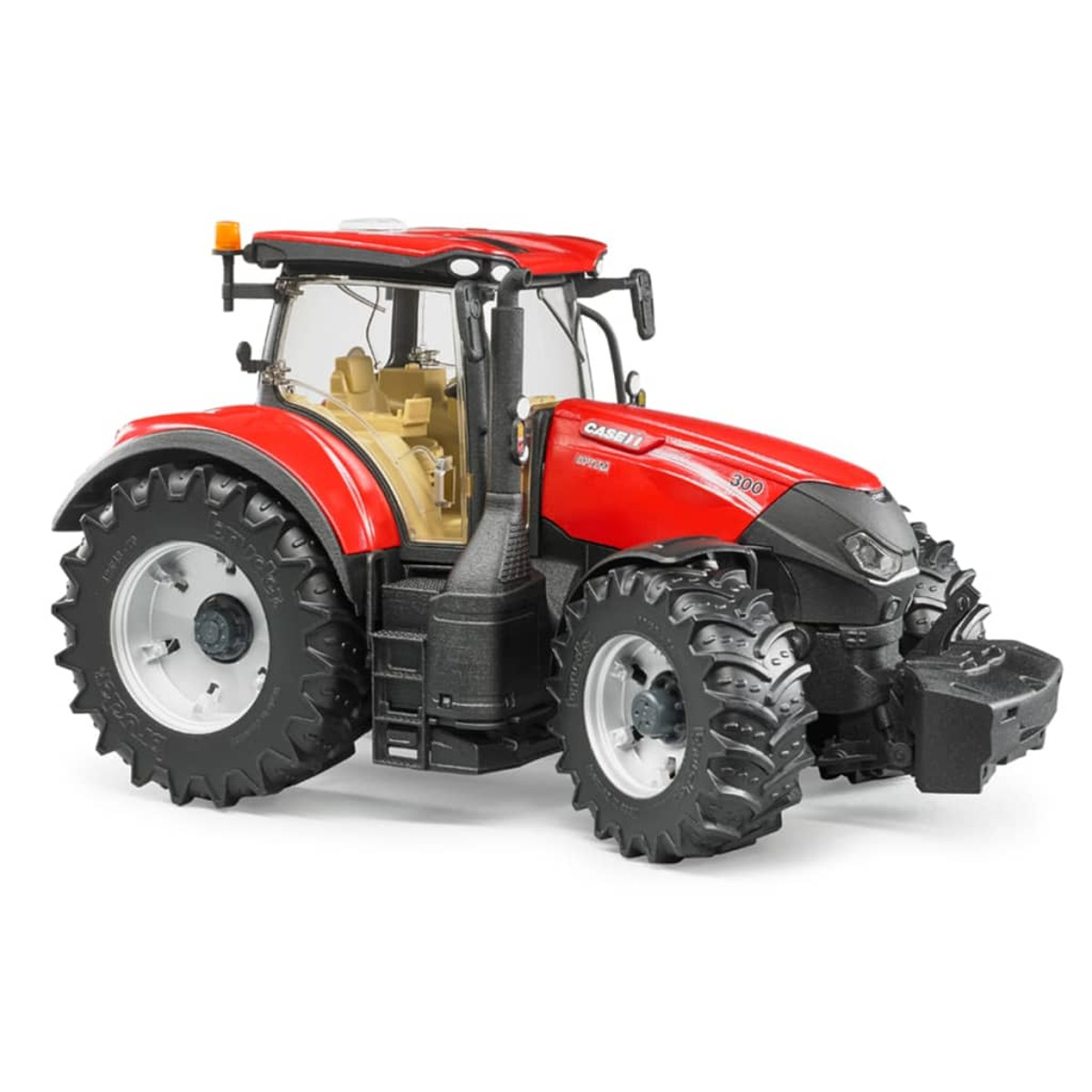 Czerwony traktor zabawka. To ciągnik Case IH, z dużymi oponami i szczegółową kabiną.