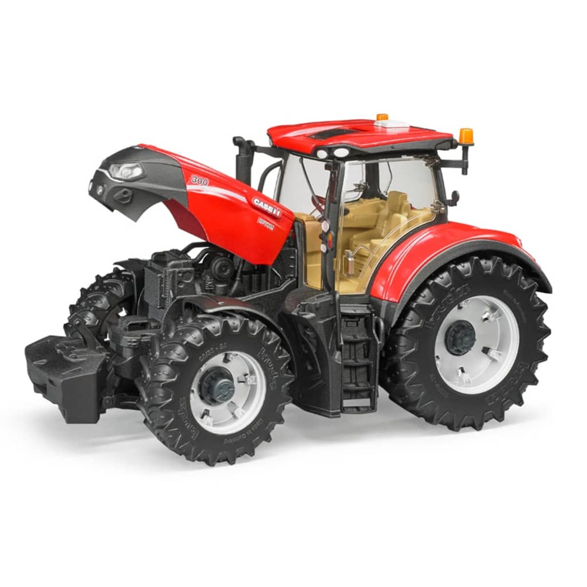 Czerwony traktor z otwartą maską, czarne opony, białe tło. Case IH 300.