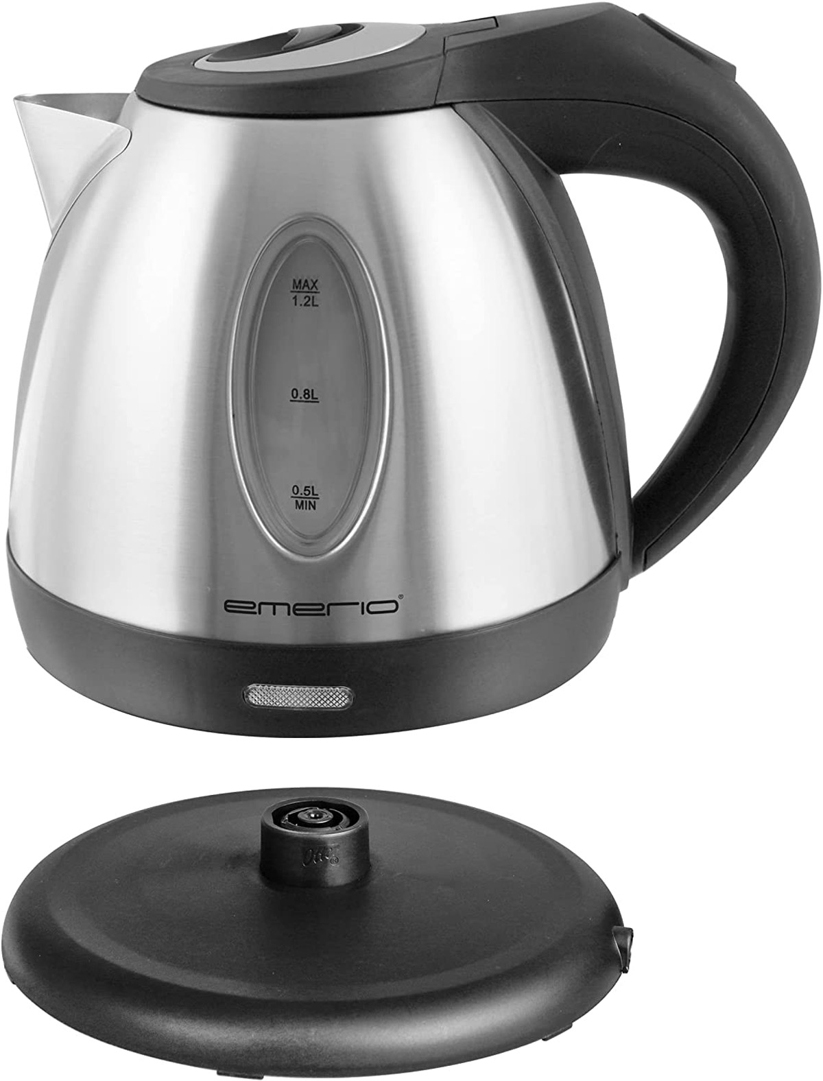 Hervidor eléctrico de acero inoxidable con base y asa negras. Indicador de nivel de agua.
