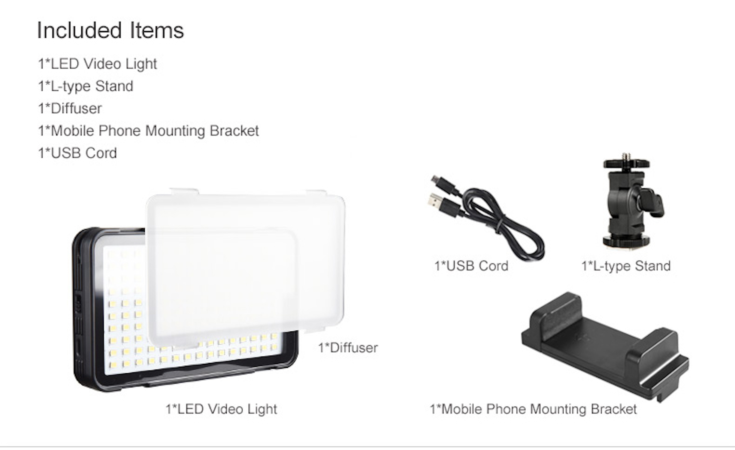 Artikel umfassen LED-Videolicht, Ständer, Diffusor, Telefonhalterung und USB-Kabel.