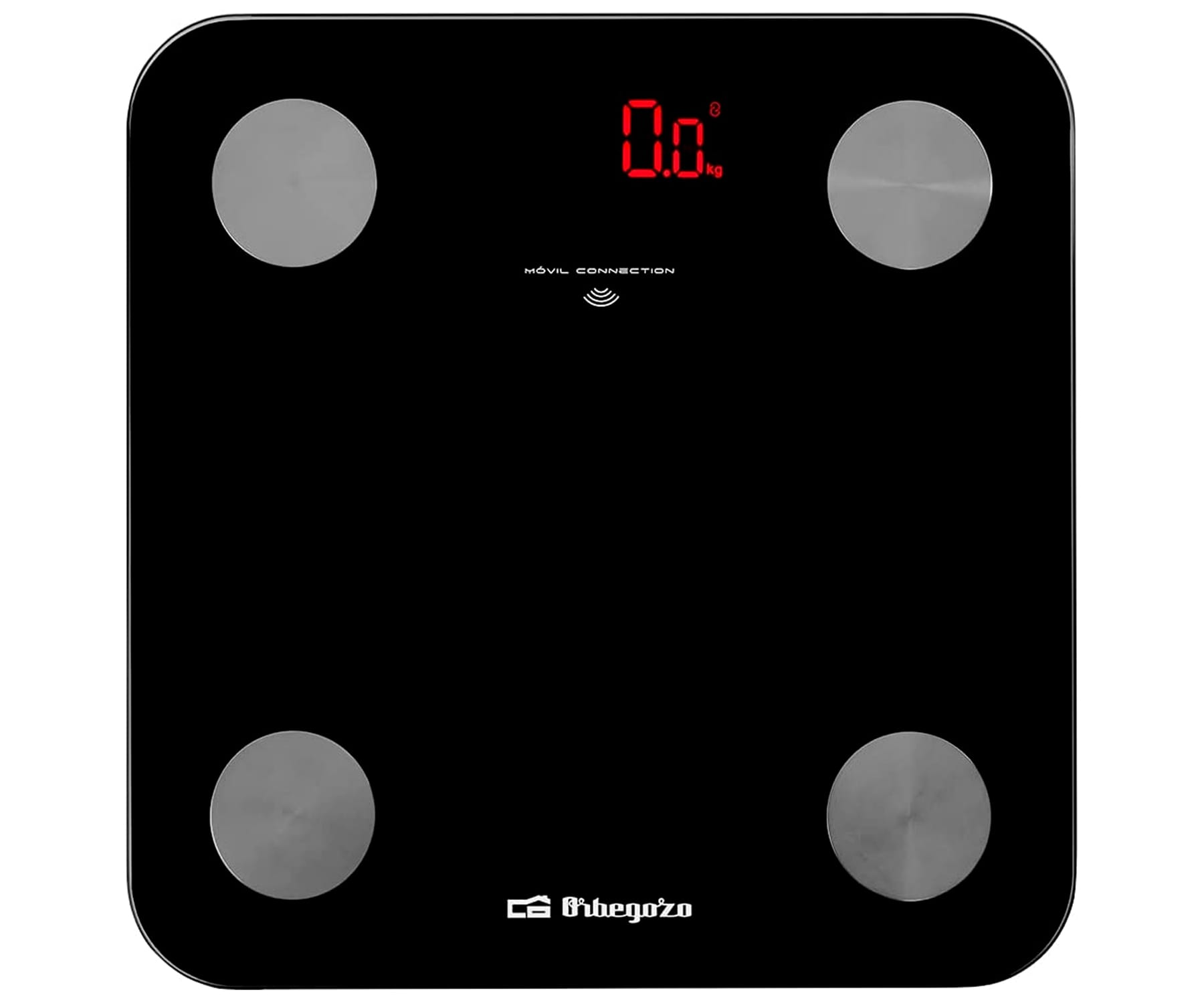 Czarna waga cyfrowa z czerwonym wyświetlaczem pokazującym 0,0 kg. Widoczne są cztery srebrne czujniki.