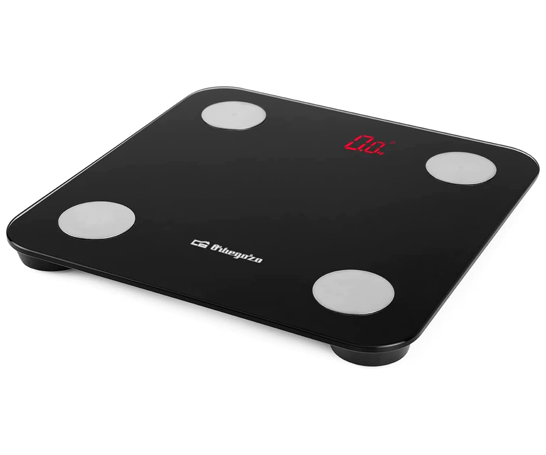 Czarna cyfrowa waga łazienkowa. Ma cztery srebrne podkładki i czerwony wyświetlacz cyfrowy z '0.0'.