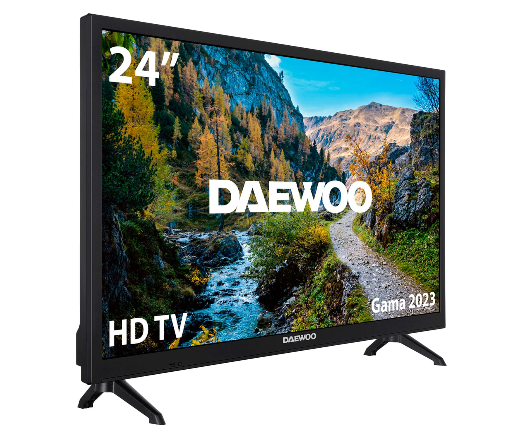 Ein 24-Zoll-HD-Fernseher von Daewoo. Der Bildschirm zeigt eine Landschaft.