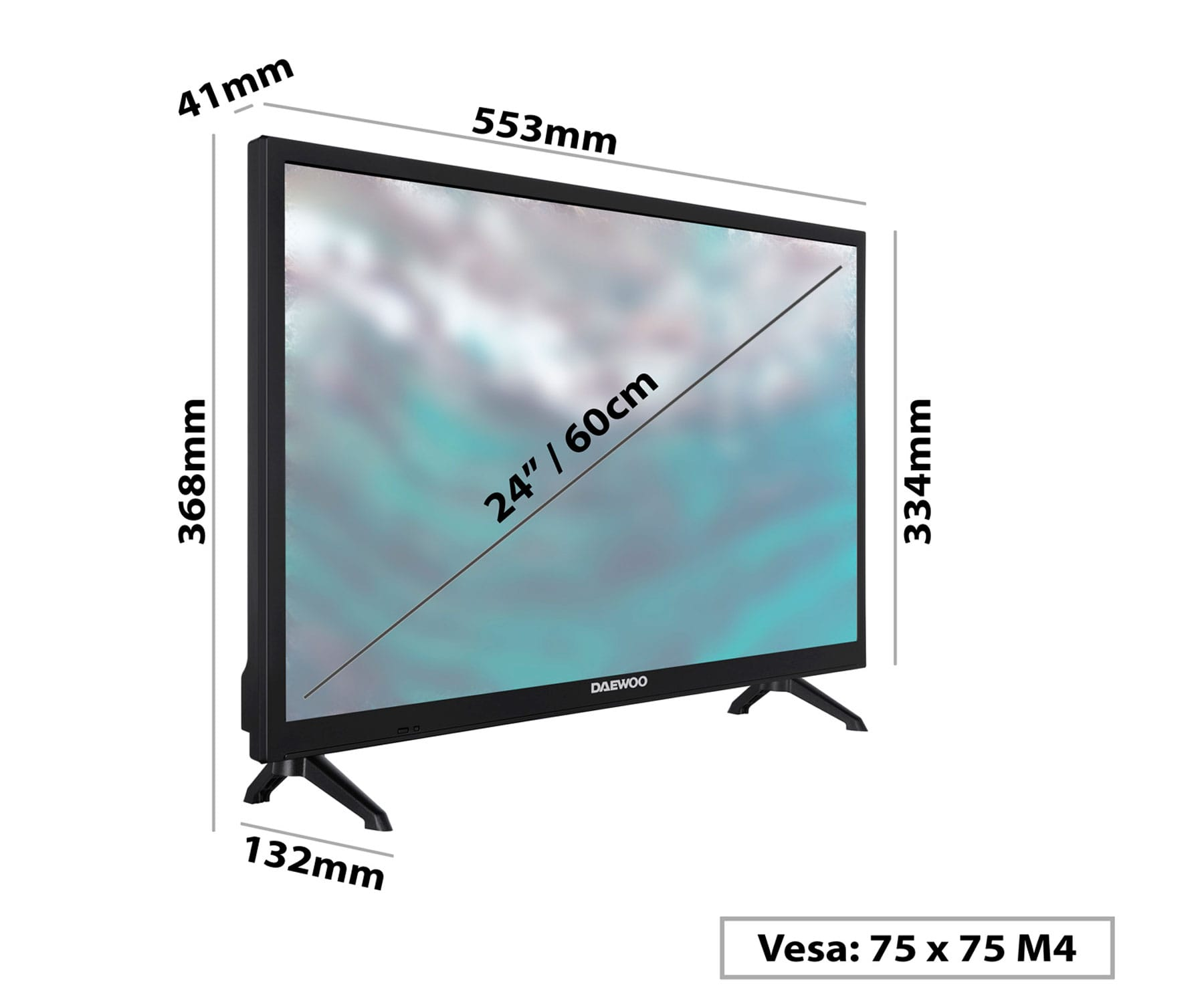 24-Zoll Daewoo-Fernseher mit Maßen im Bild. Schwarzer Rahmen. Weißer Hintergrund.