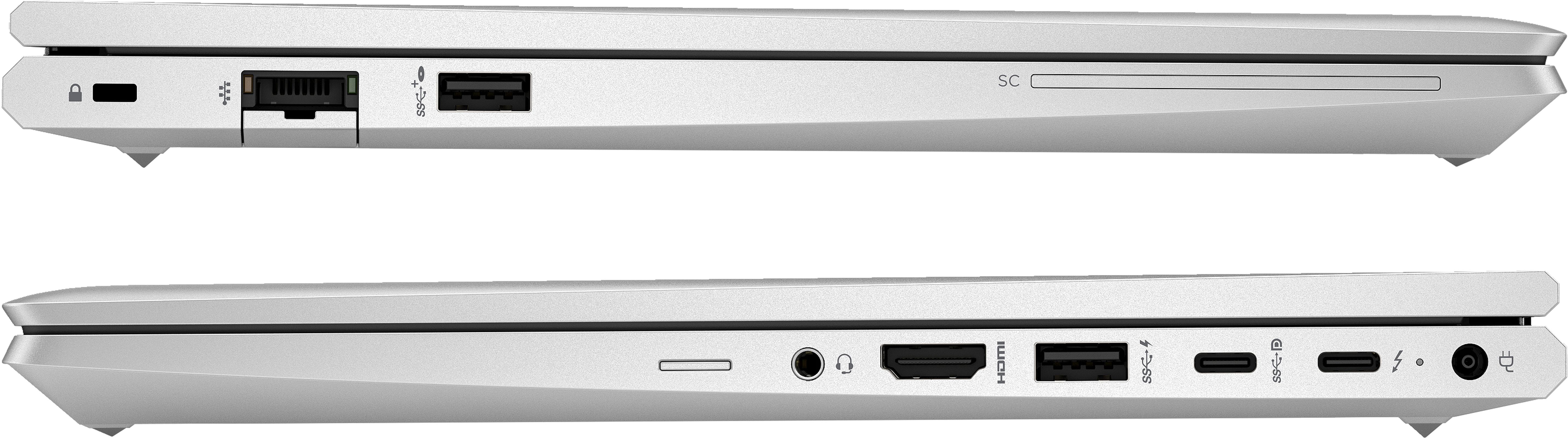 Seitenansicht eines silbernen Laptops mit Anschlüssen: Ethernet, USB, SD-Karte und Strom.