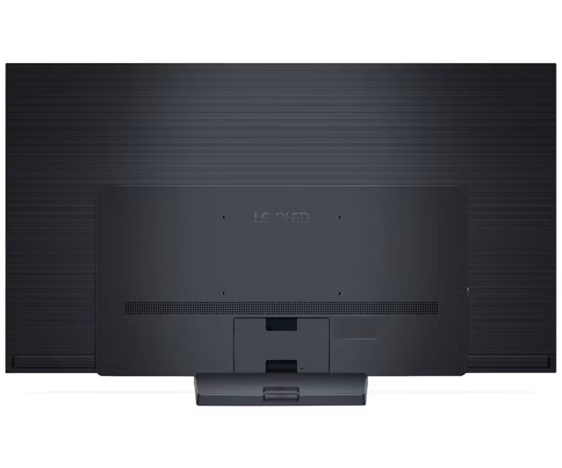 Parte trasera de un televisor LG OLED negro. Tiene un soporte y un panel con puertos y conexiones.