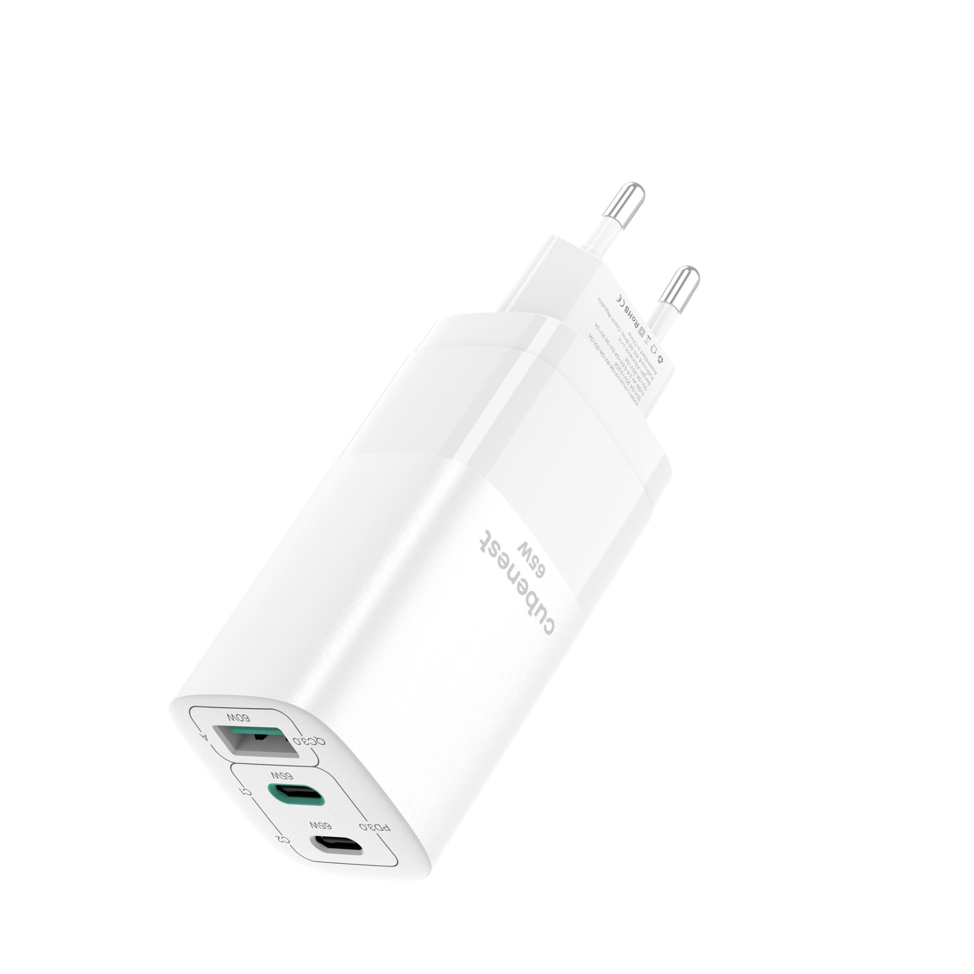 Caricatore a cubo bianco con due porte USB e spina a due pin.