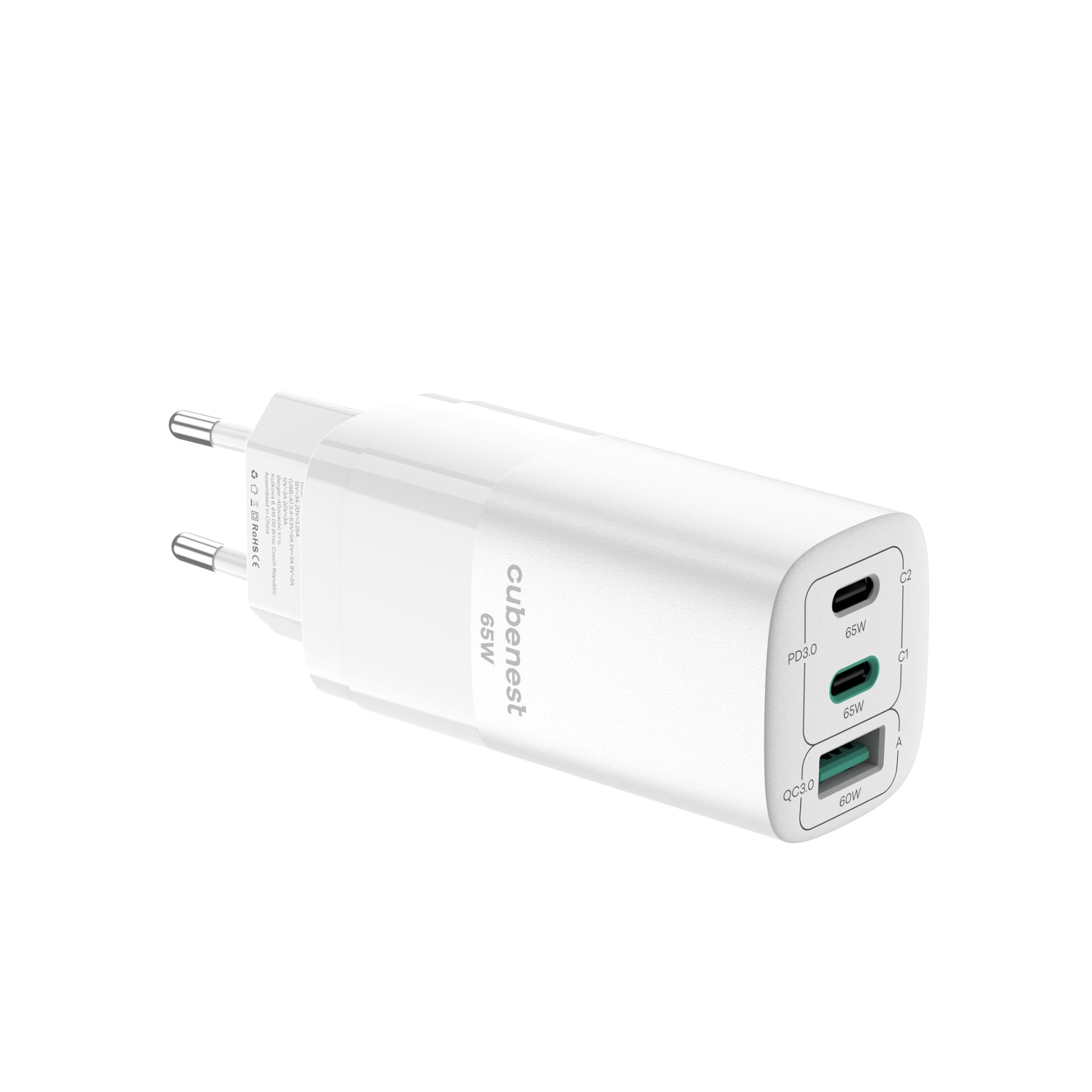 Caricatore bianco con due porte. Testo: Cubenest 65W.