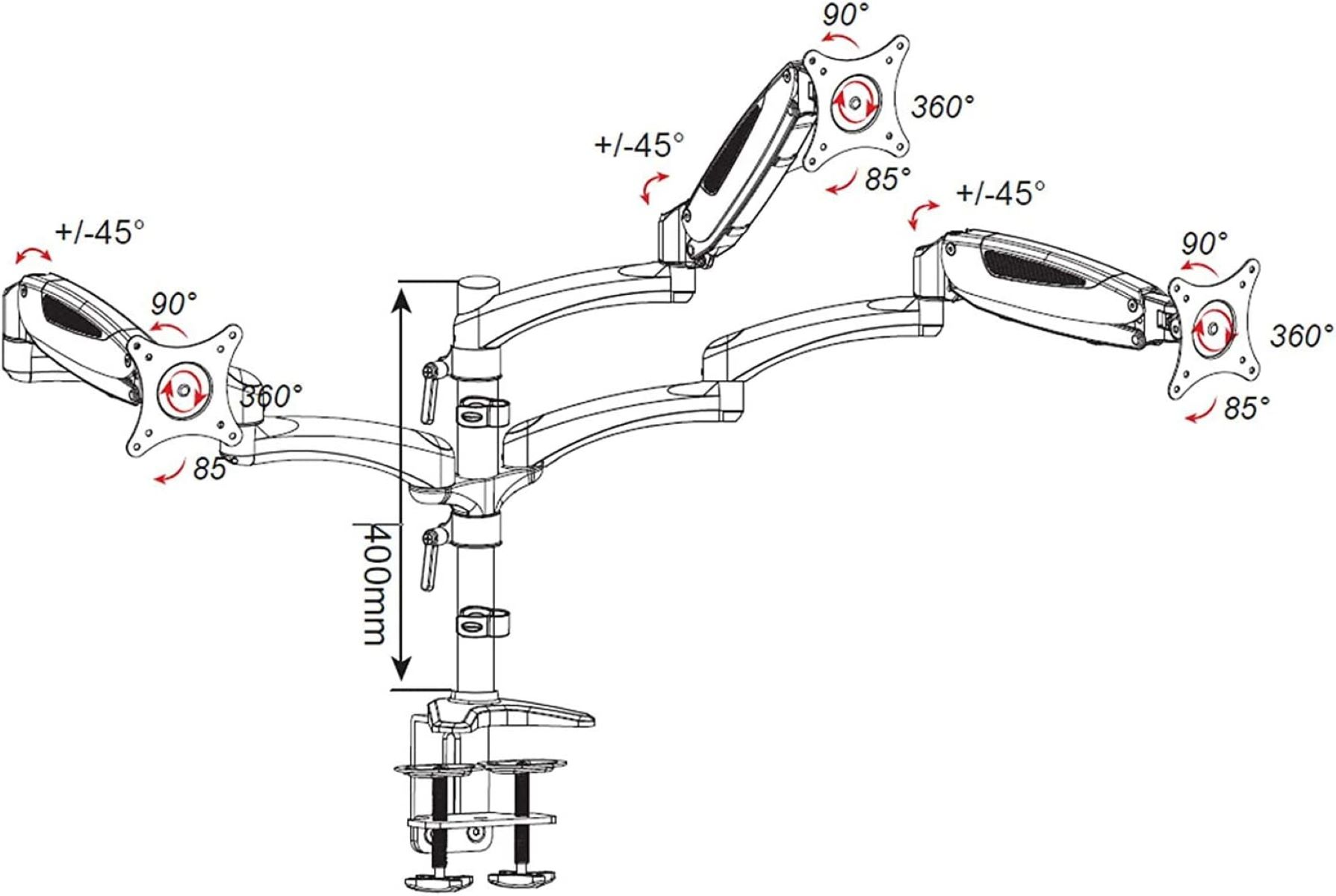 Diagramm eines Doppelmonitorarms, das verstellbare Gelenke und Abmessungen zeigt.