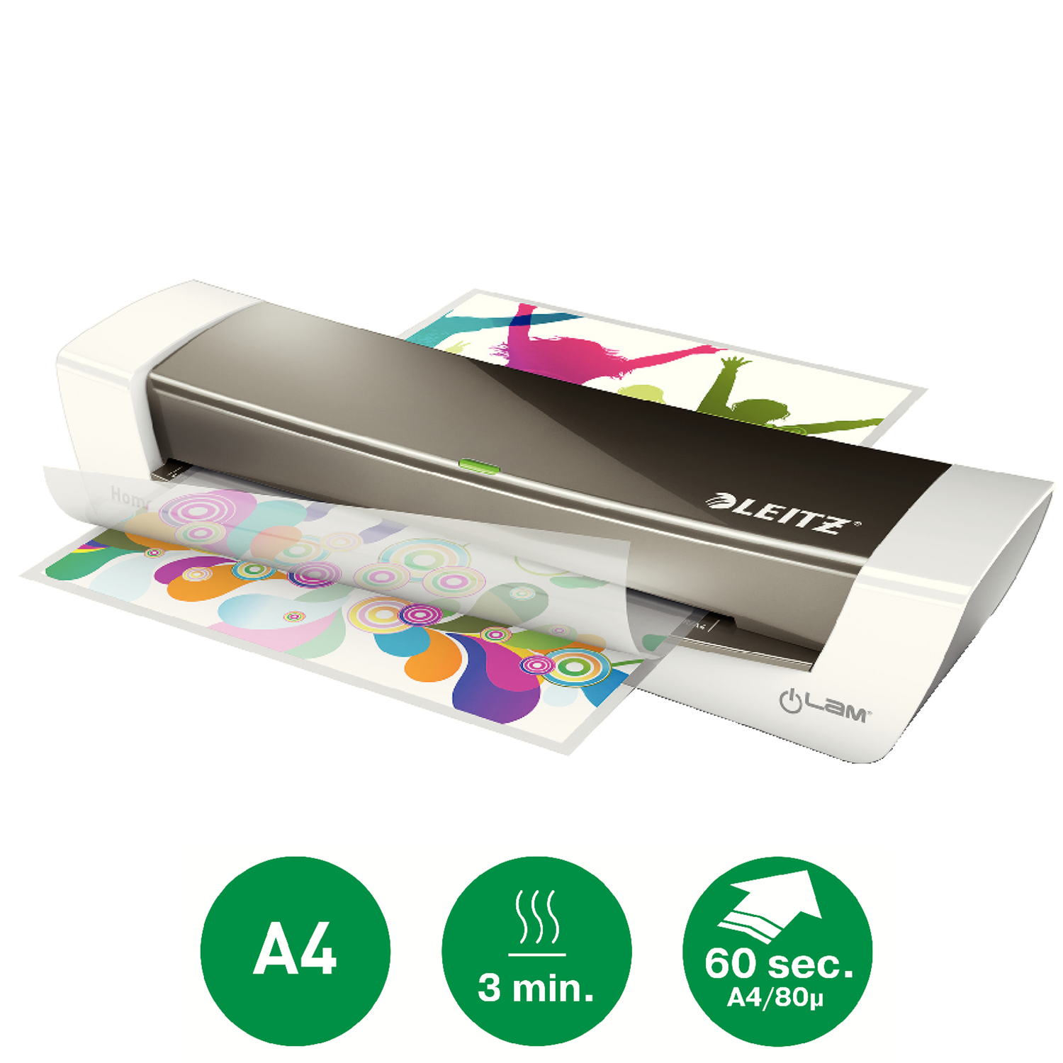 Laminator laminujący kolorowe arkusze. Ikony pokazują A4, 3 min i 60 sek.