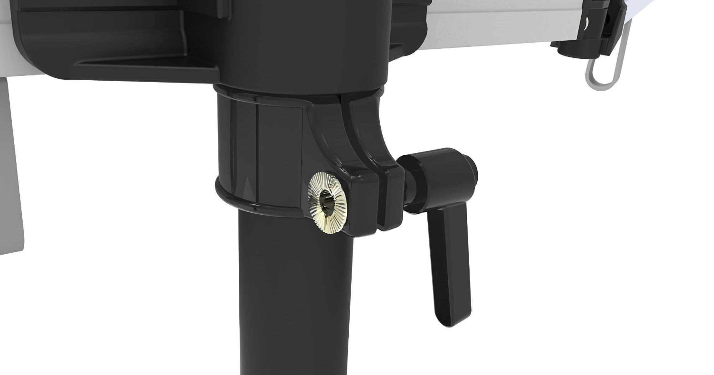 Nahaufnahme eines schwarzen Mechanismus mit Hebel und goldfarbener Schraube.