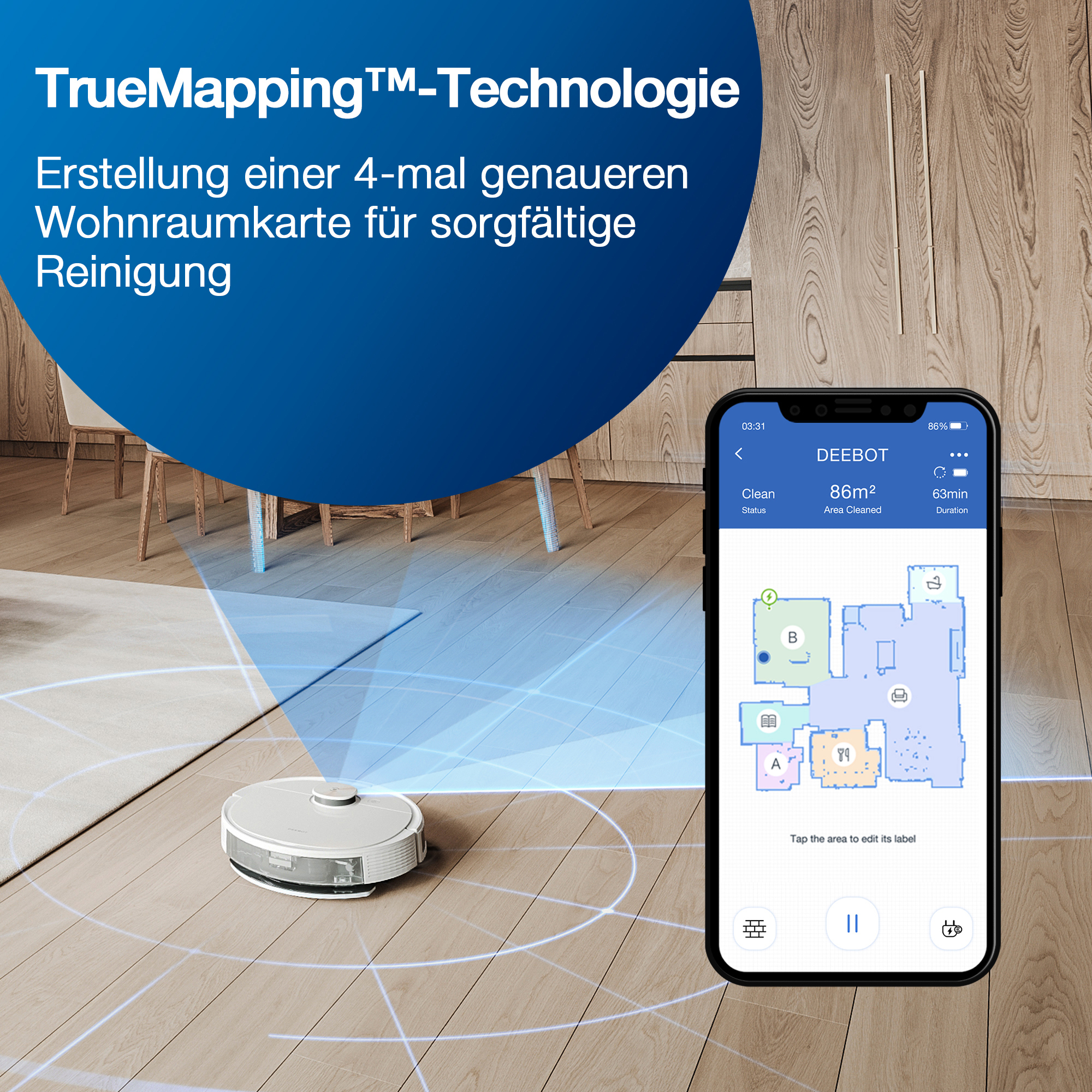 Robot aspirapolvere e telefono che mostrano una mappa della casa. Sovrapposizione di testo. Pavimento in legno.