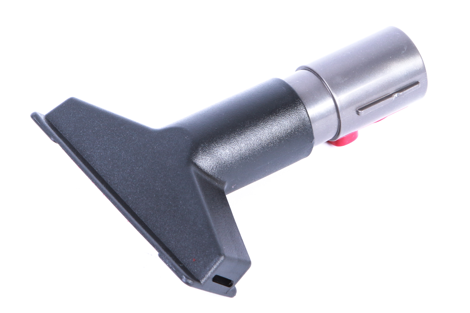 Staubsaugerdüse. Sie ist schwarz und grau mit rotem Knopf. Weißer Hintergrund.