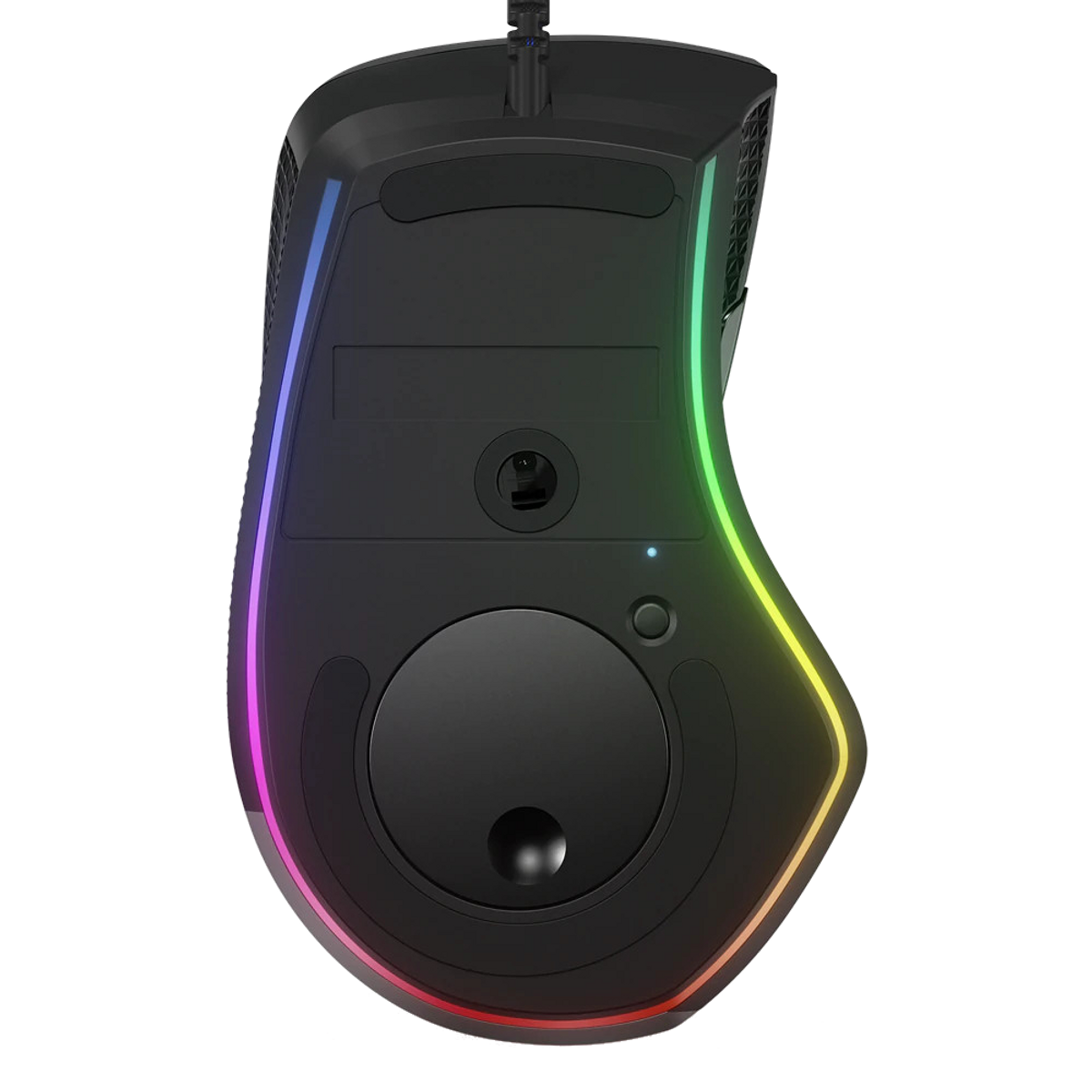 Czarna mysz do gier, widok od spodu. Ma kolorowe światła na krawędziach. Widoczny przycisk.