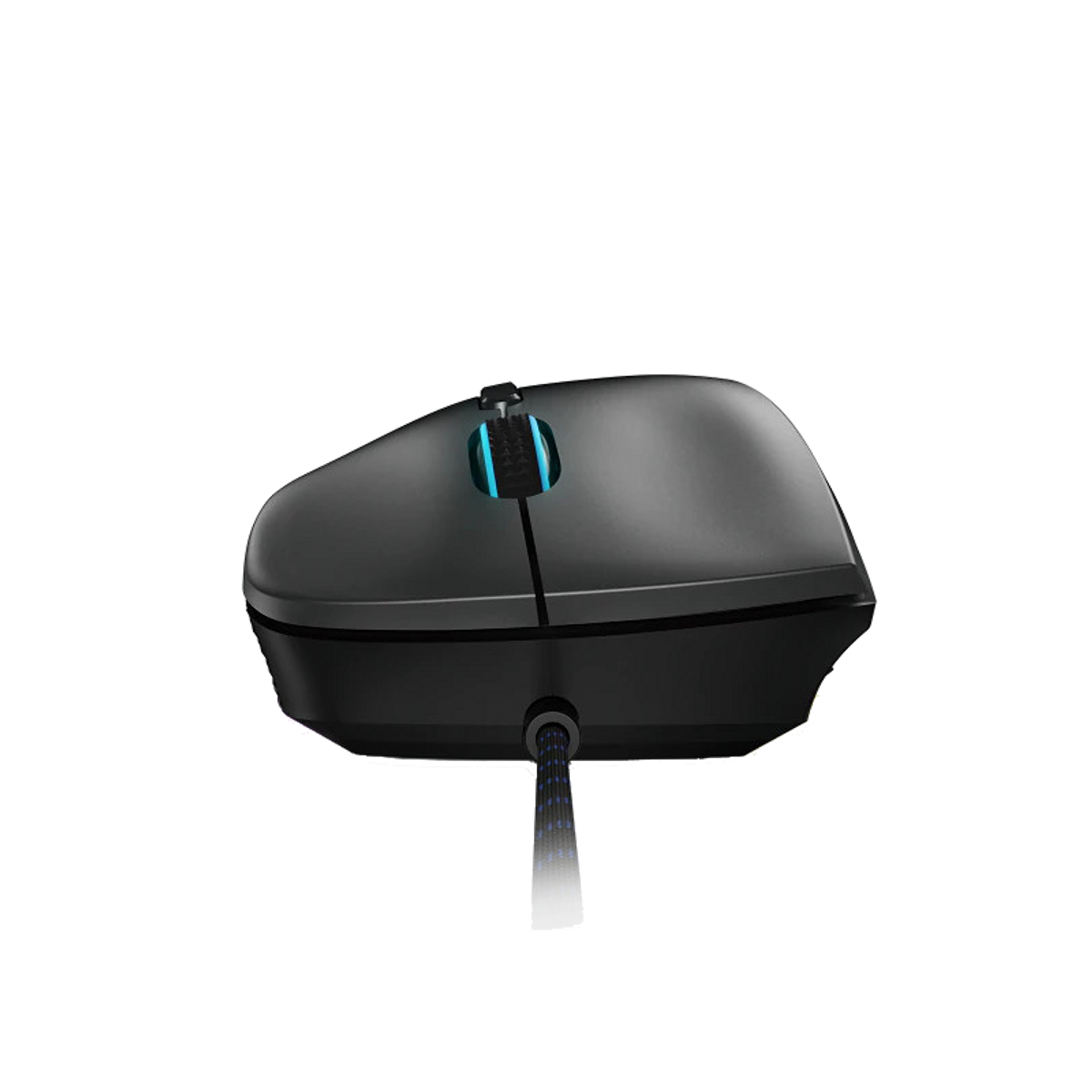Czarna mysz do gier z niebieskimi akcentami i połączeniem przewodowym, na czarnym tle.