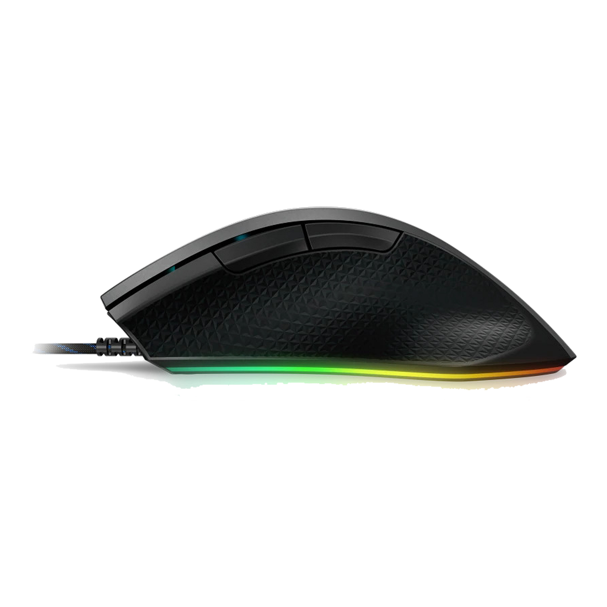 Czarna mysz do gier z oświetleniem RGB. Widoczna podświetlona dolna krawędź.