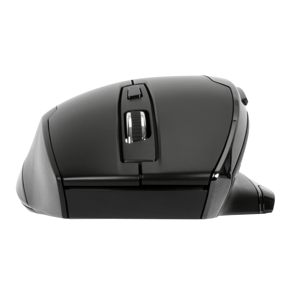 Schwarze ergonomische Maus mit Scrollrad, Seitentasten und geschwungenem Design.