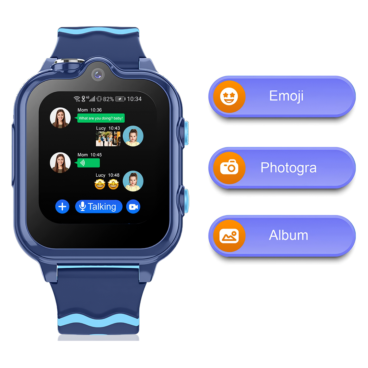 Un reloj inteligente azul con una pantalla que muestra mensajes y botones para emojis, fotos y álbumes.
