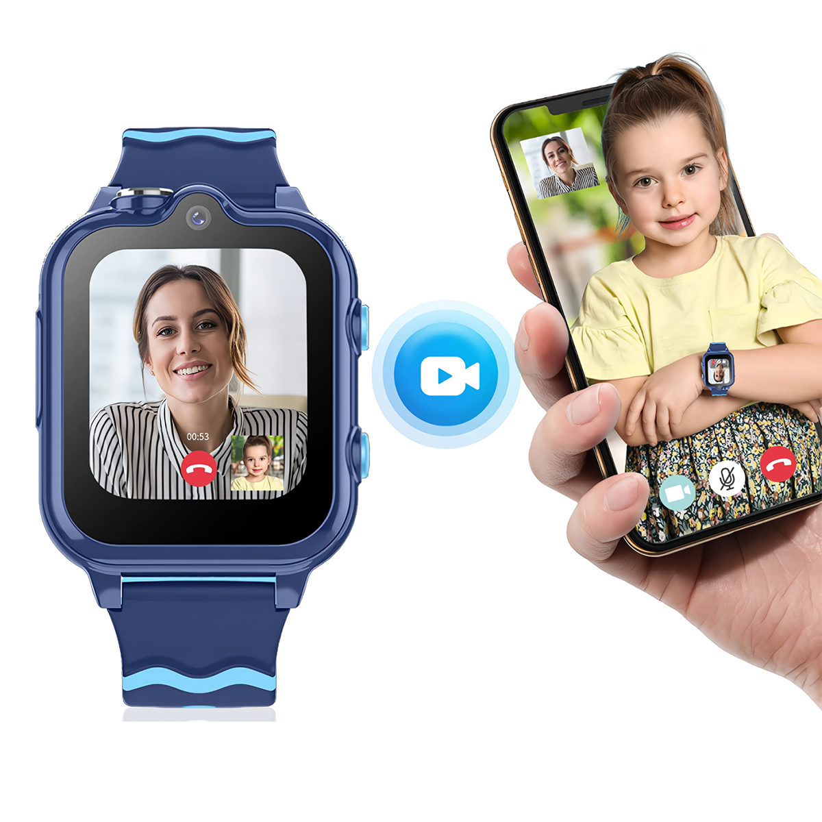 Smartwatch con videollamada. Un teléfono muestra una llamada desde el reloj.