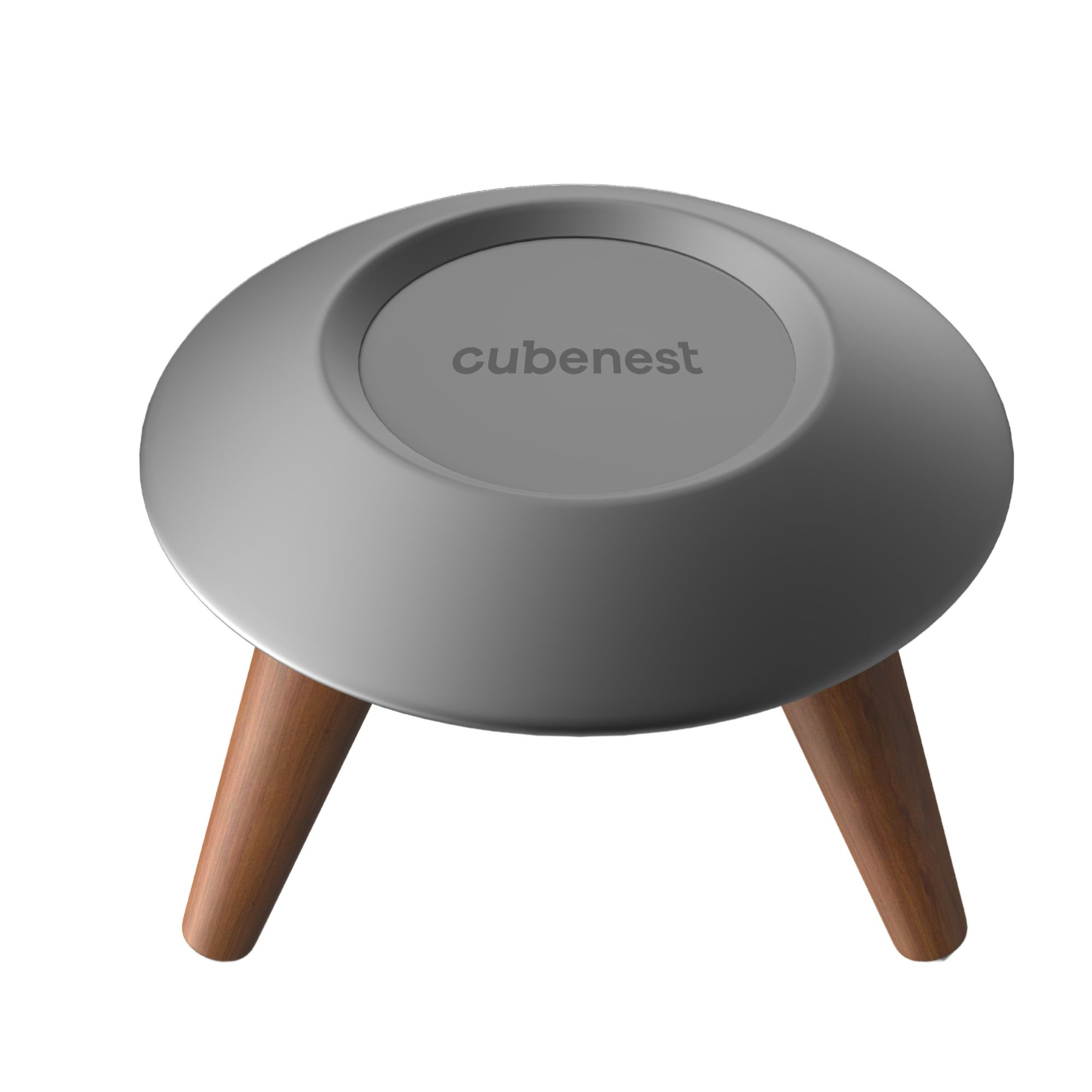 Ein grauer, runder Tisch mit Holzbeinen, mit dem Wort "cubenest" oben.