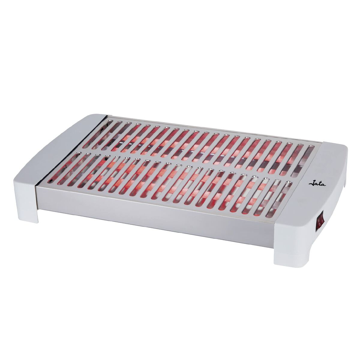 Una parrilla eléctrica plateada con elementos calefactores rojos en el interior, un marco de plástico blanco y un interruptor.