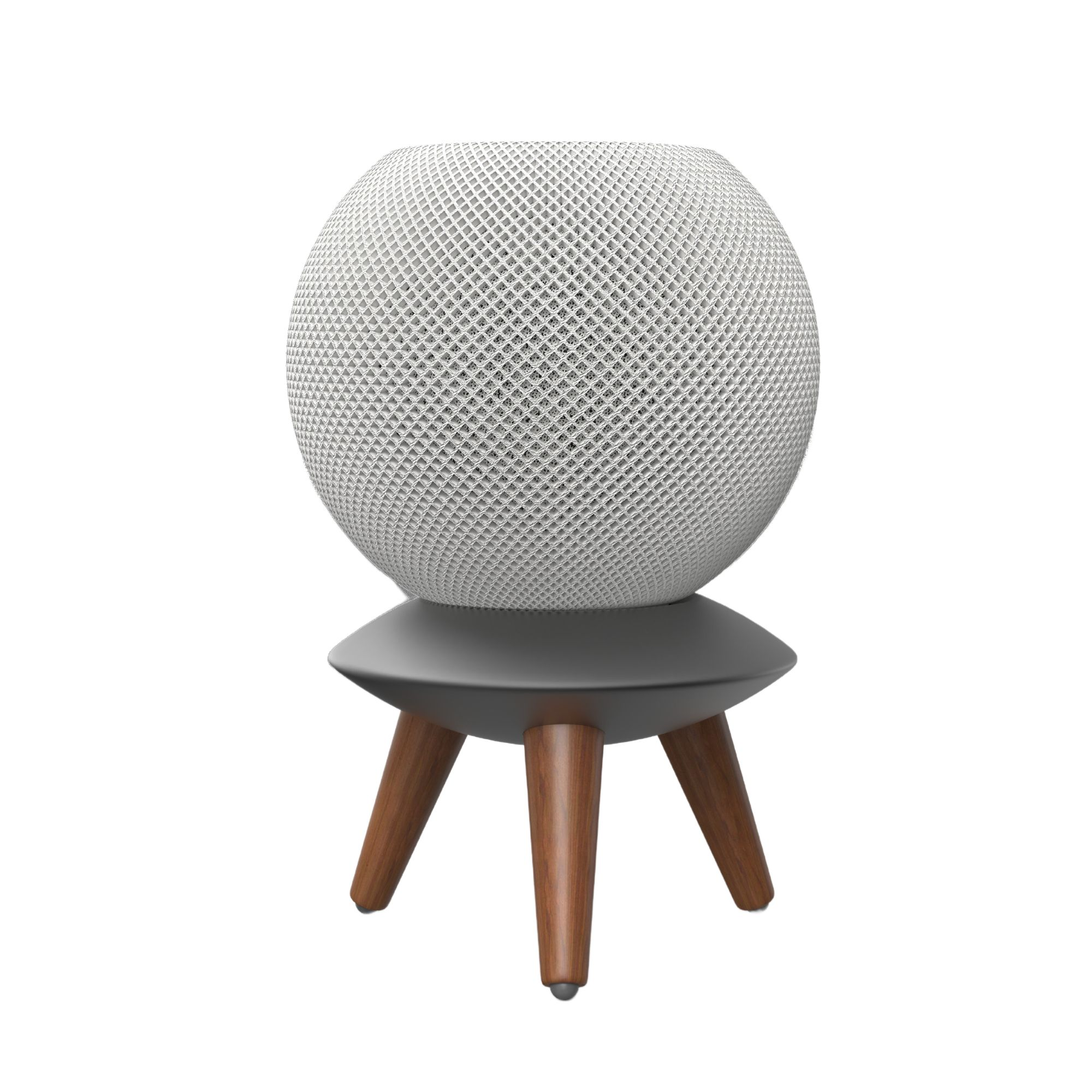Ein weißer Apple HomePod-Lautsprecher auf einem dunkelgrauen Ständer mit Holzbeinen.
