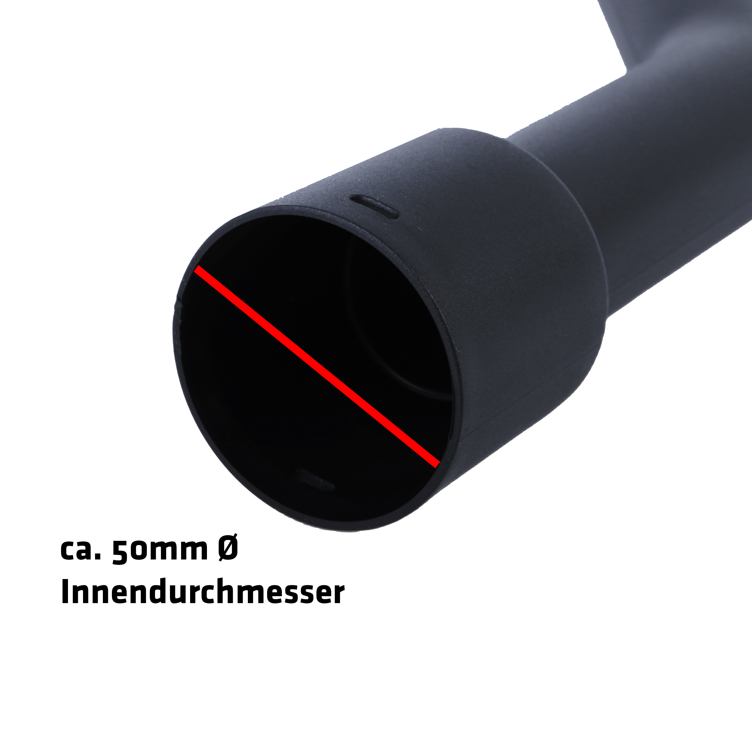 Schwarzes Staubsaugerrohr mit einer Öffnung von 50 mm Durchmesser.