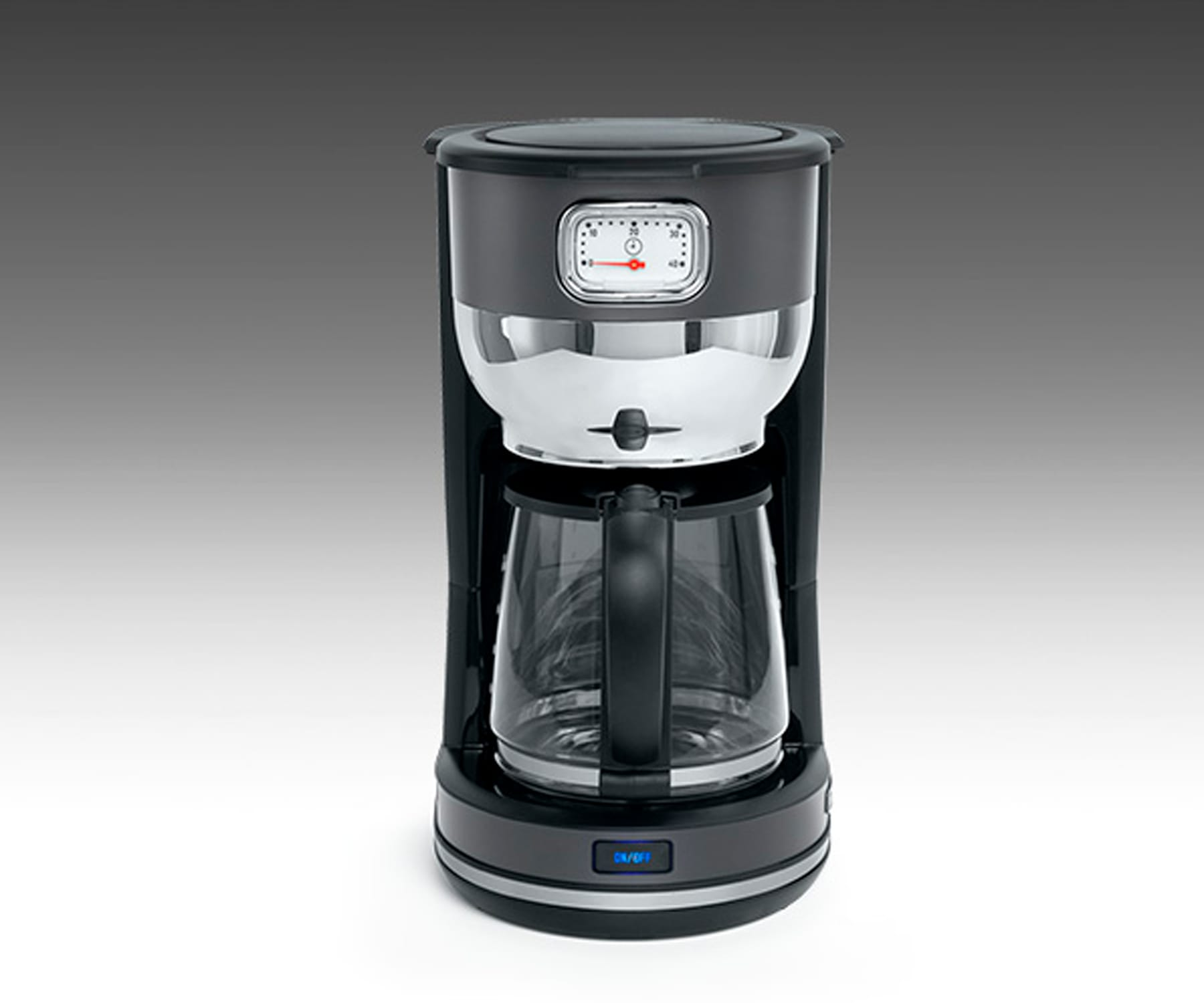 Ekspres do kawy: czarny i stal nierdzewna, szklany dzbanek, wyświetlacz timera, przycisk włącz/wyłącz.