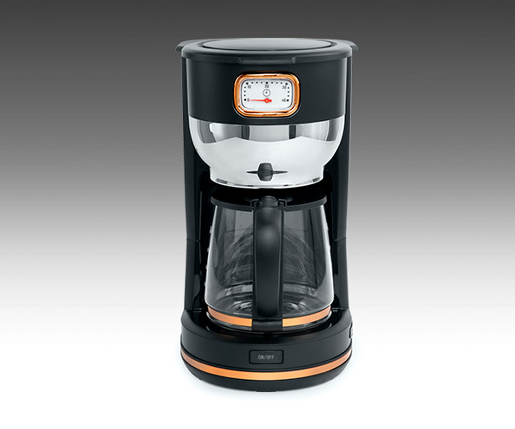 Czarno-srebrny ekspres do kawy ze szklaną karafką.