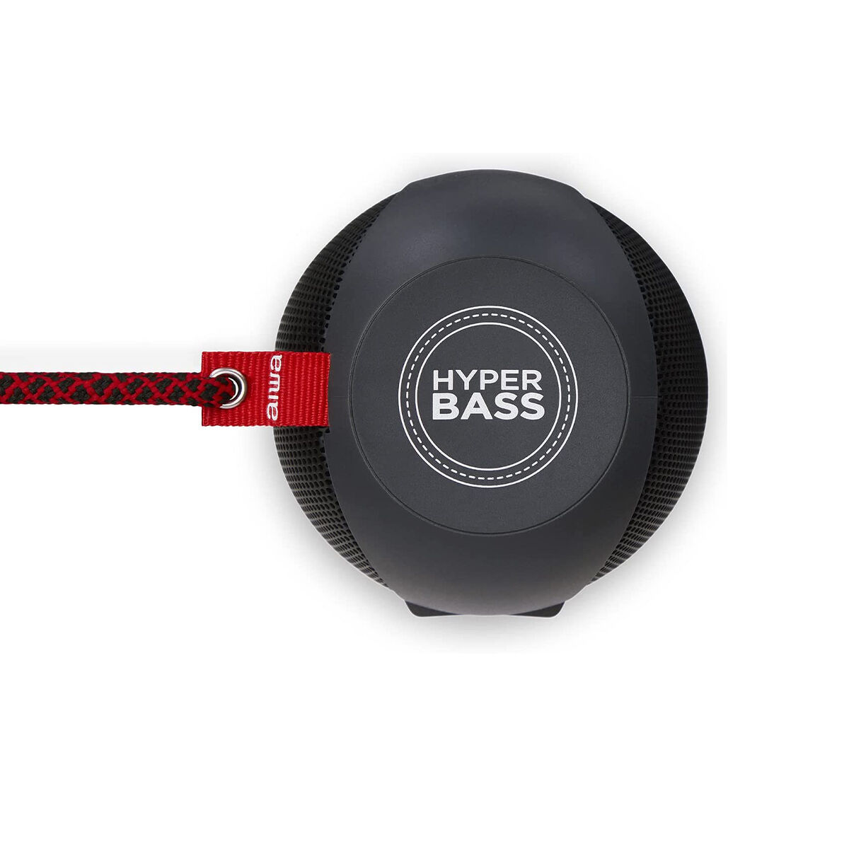 Altavoz redondo negro con correa roja y negra, y las palabras 'HYPER BASS'.