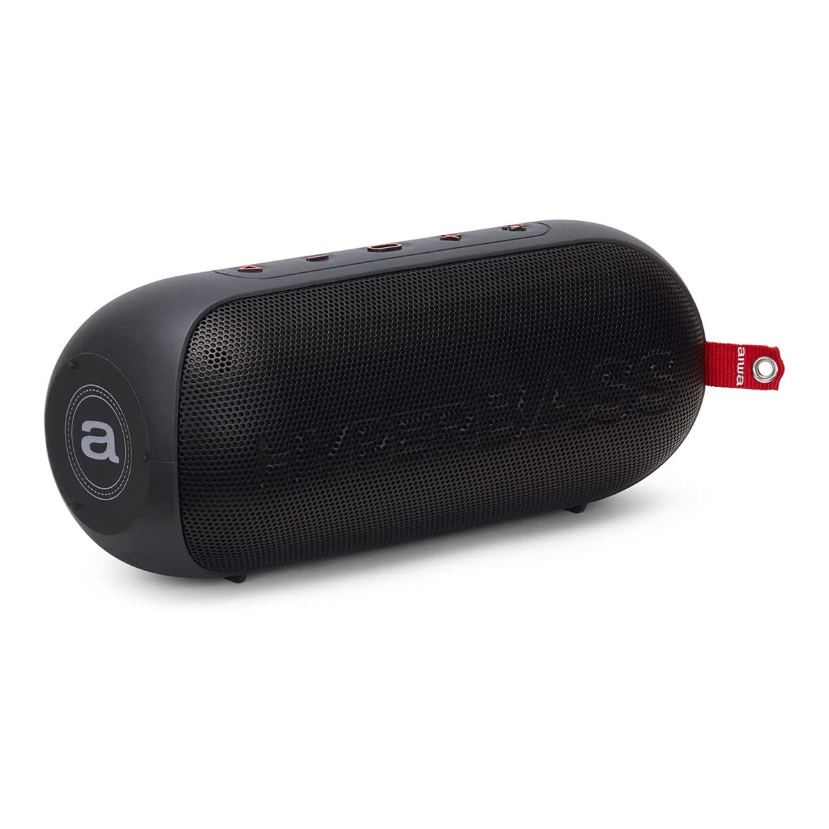Un altavoz portátil Aiwa negro con detalles rojos y una correa roja, sobre fondo blanco.