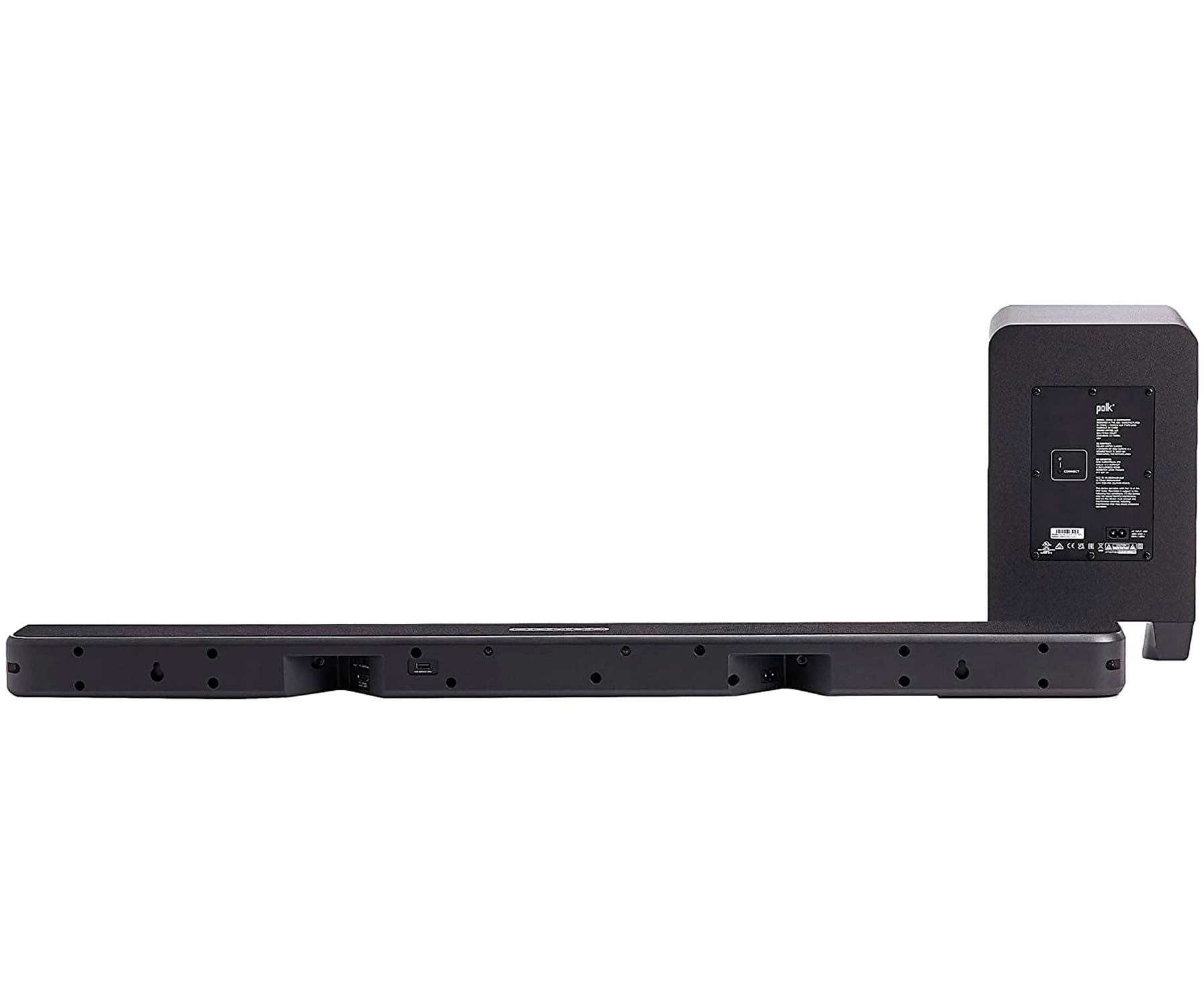 Czarny soundbar i czarny subwoofer. Soundbar jest długi i cienki.