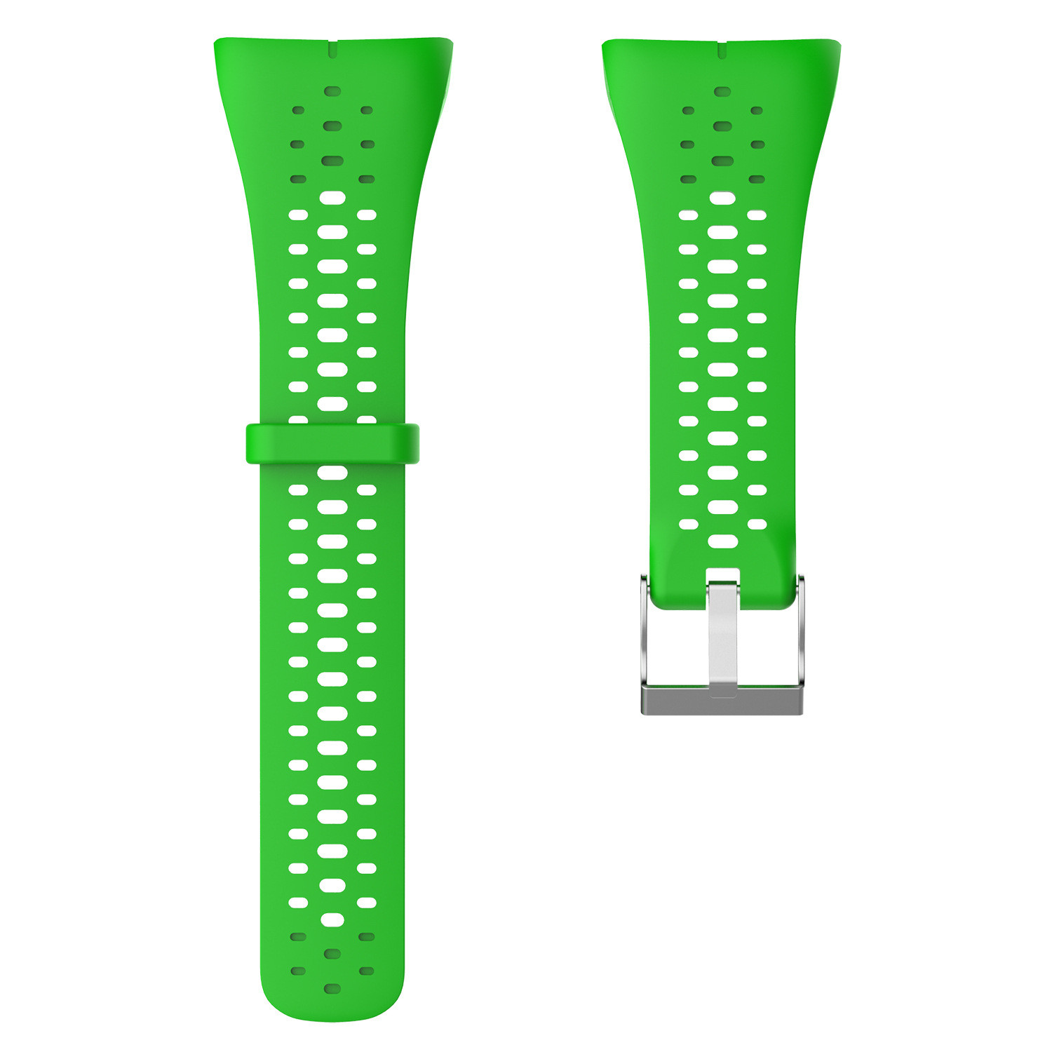 Zwei grüne Uhrenarmbänder mit Perforationen, beide mit einer silbernen Metallschnalle. Eines ist befestigt.