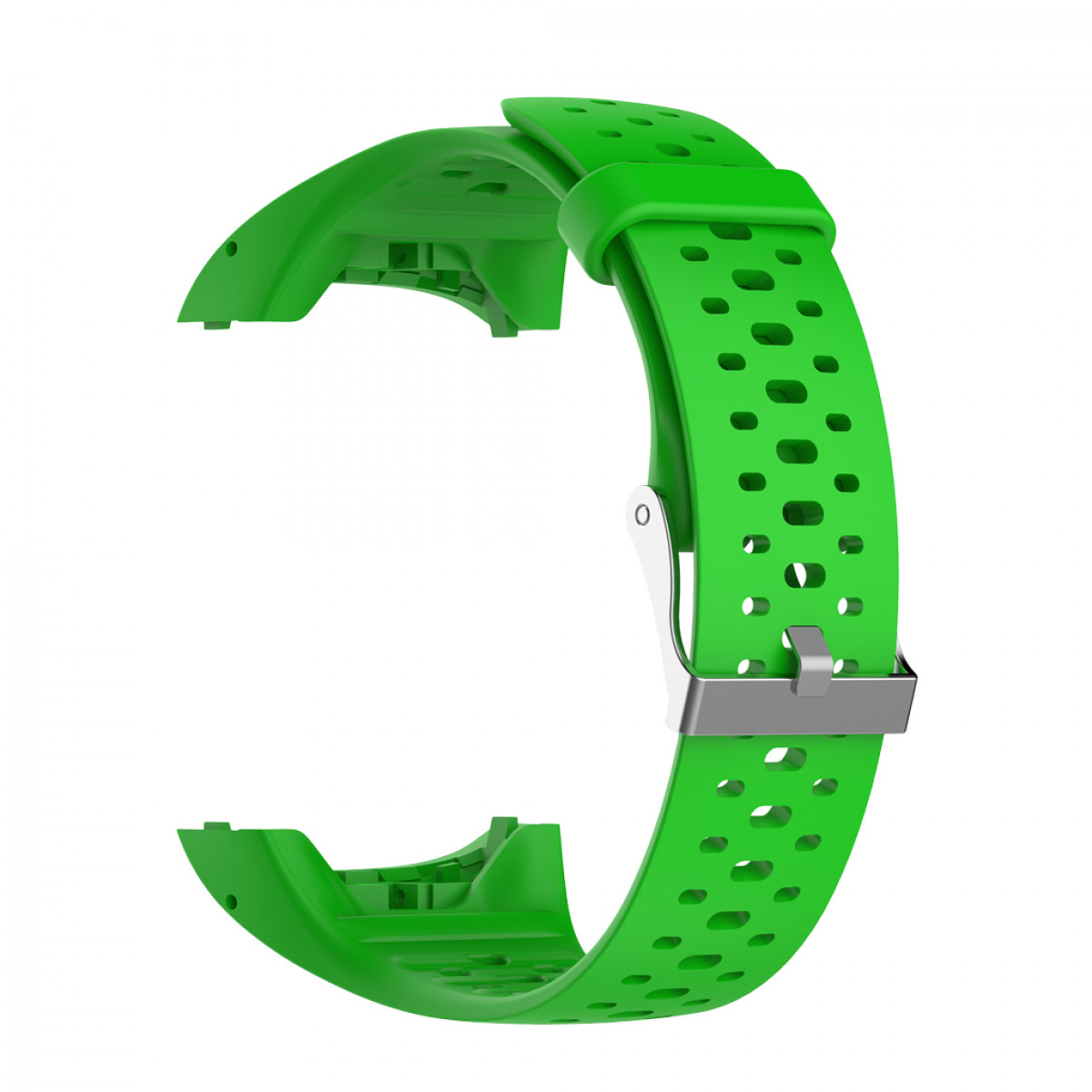 Grünes Uhrenarmband mit Löchern und silberner Schnalle, isoliert auf weißem Hintergrund.