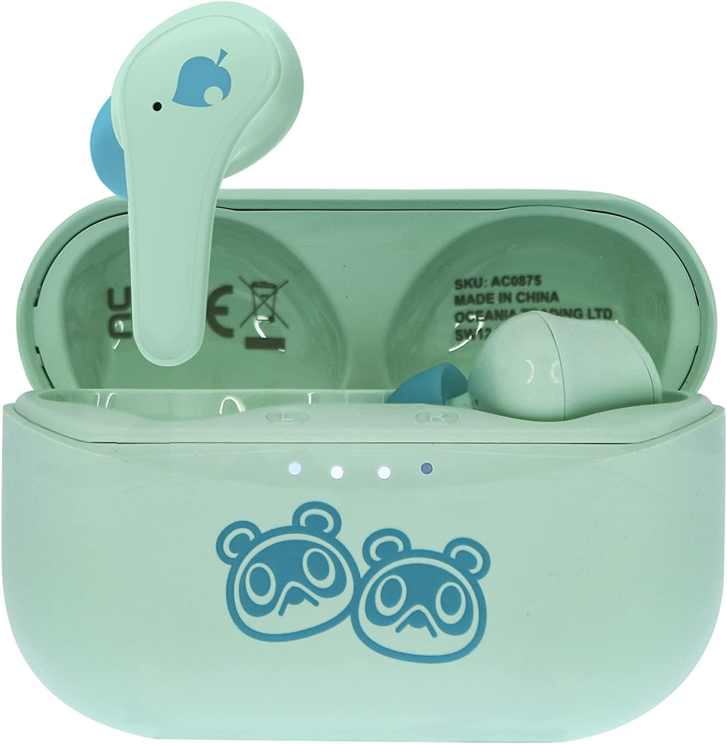 Miętowe słuchawki douszne w etui ładującym. Etui i słuchawki mają logo Animal Crossing.