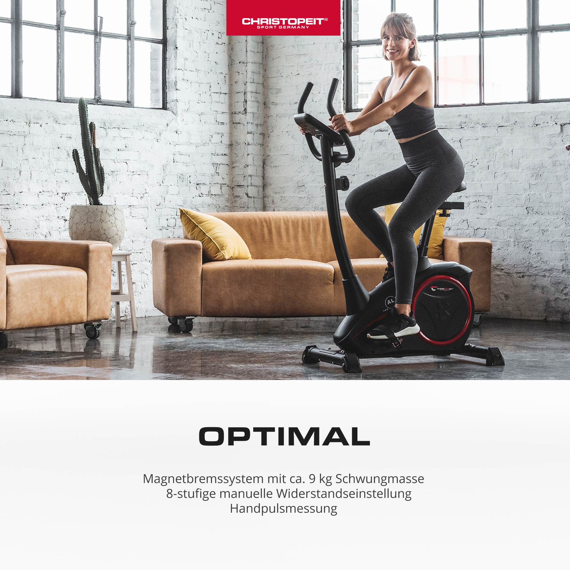 Eine Frau in Sportkleidung benutzt ein Trainingsrad. Text lautet OPTIMAL.