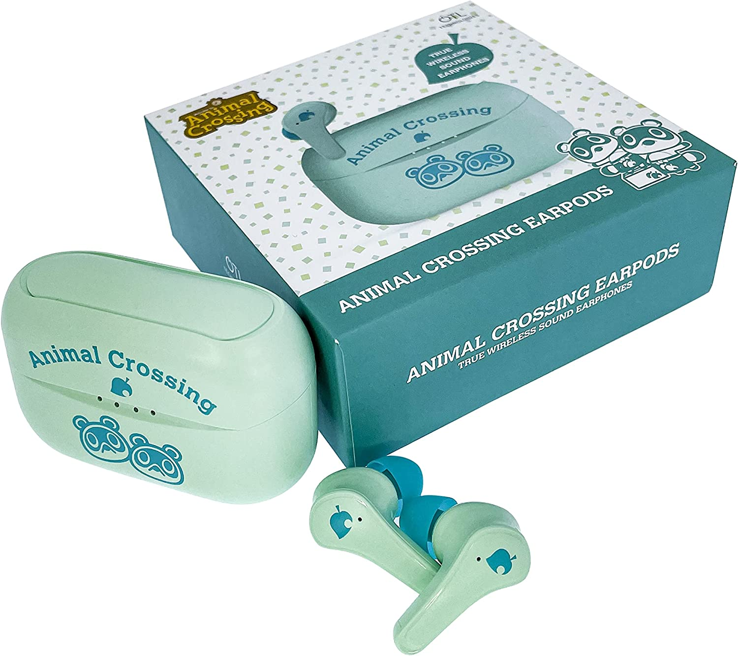 Słuchawki Animal Crossing i etui ładujące. Pudełko miętowe.