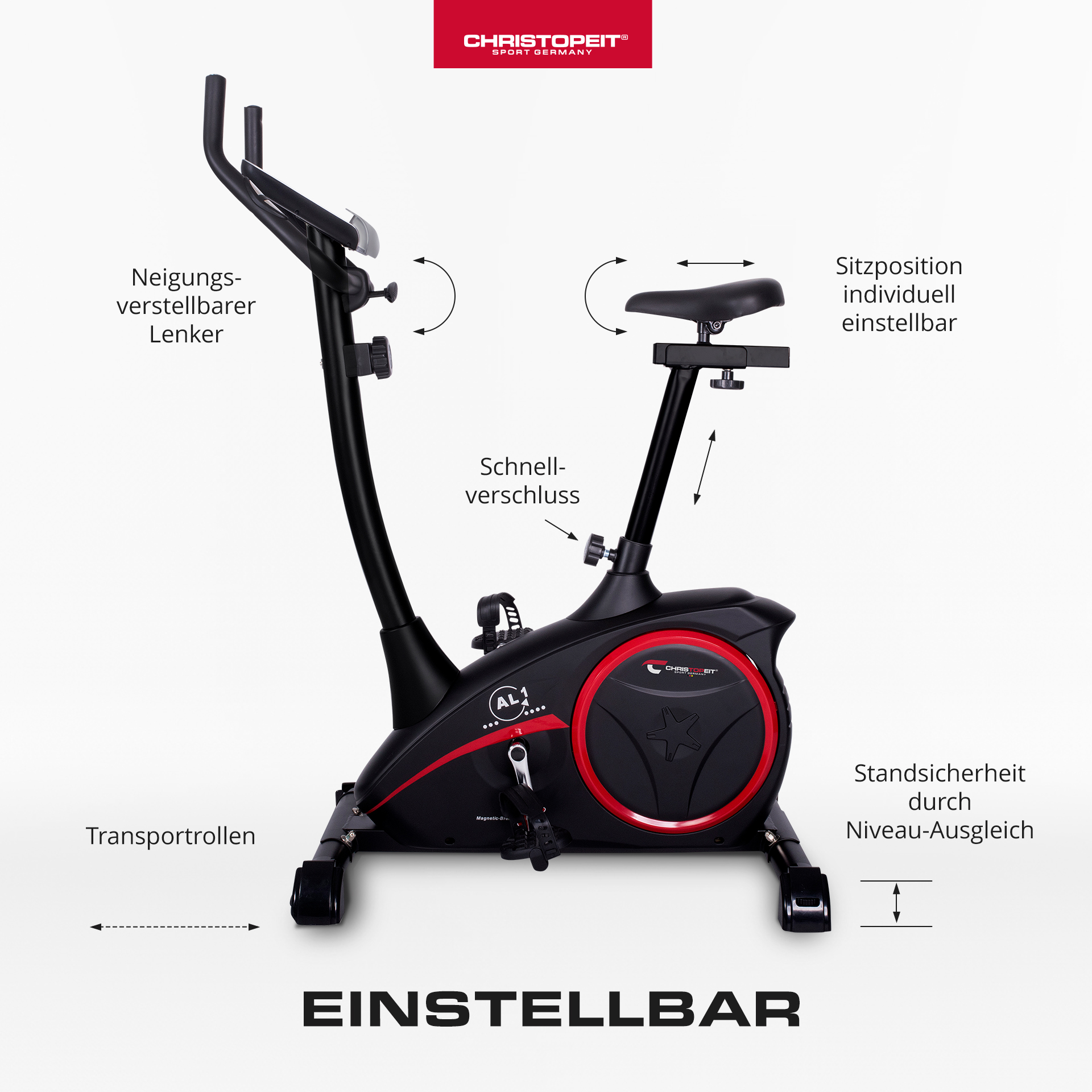 Ein Heimtrainer mit verstellbarem Sitz, Lenker und Funktionen, die auf Deutsch beschriftet sind.