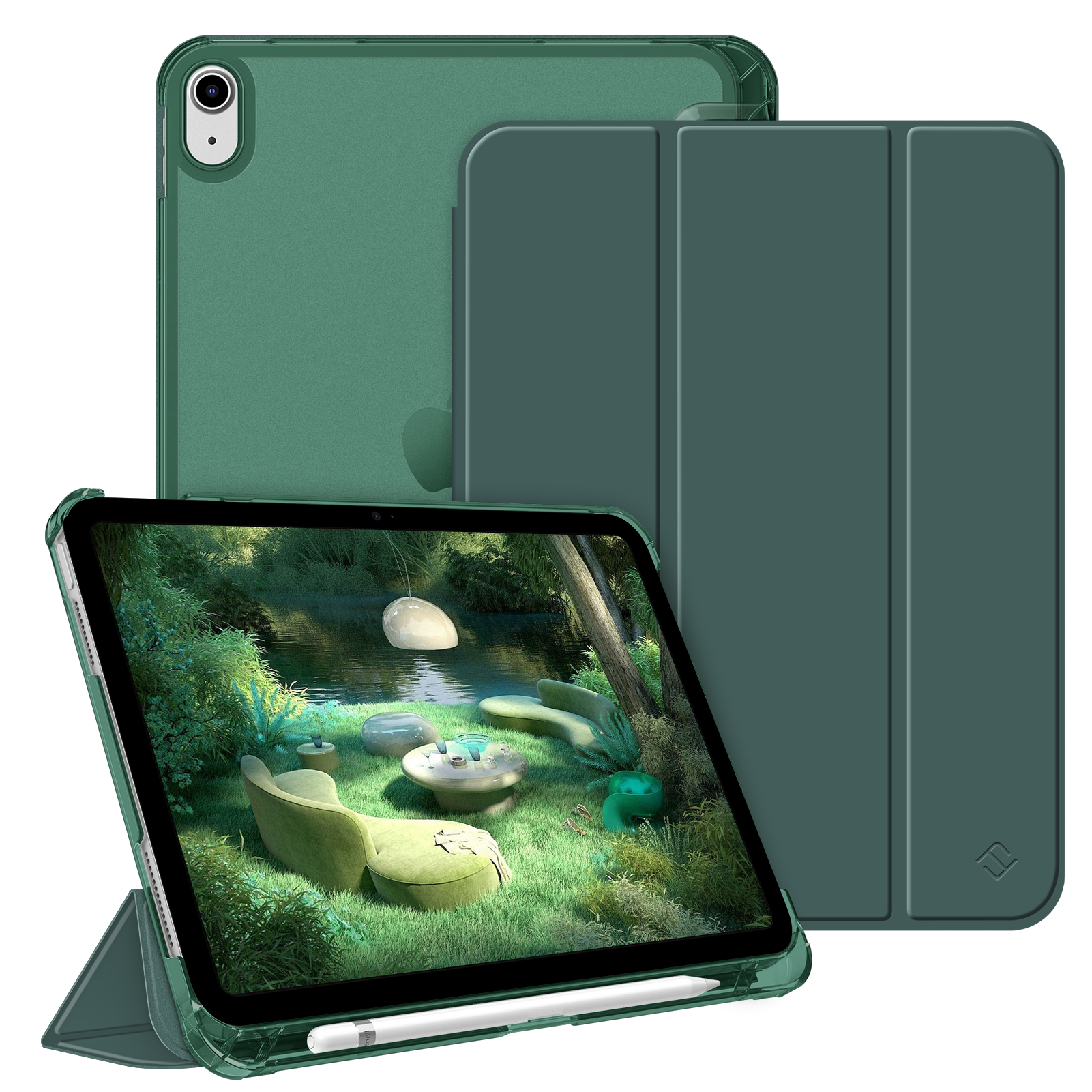 Grüne iPad-Hülle mit Tablet, offen, mit einer Waldszene und zwei Hüllen.