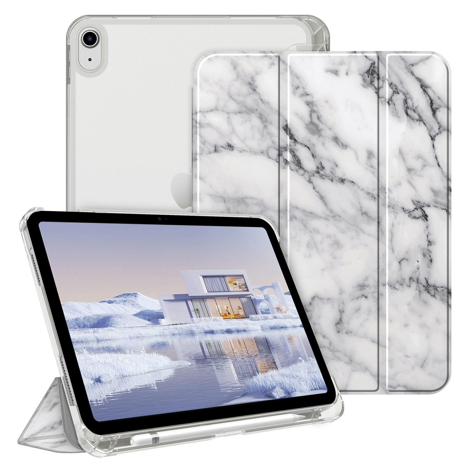 Weiße iPad-Hülle mit Marmormuster, das iPad ist darin, zeigt ein Haus auf dem Bildschirm, steht aufrecht.