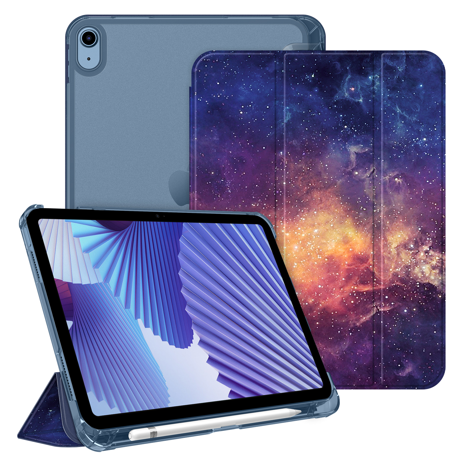 Blaue iPad-Hülle mit Galaxiemotiv auf der Abdeckung. Inklusive weißem Stift.