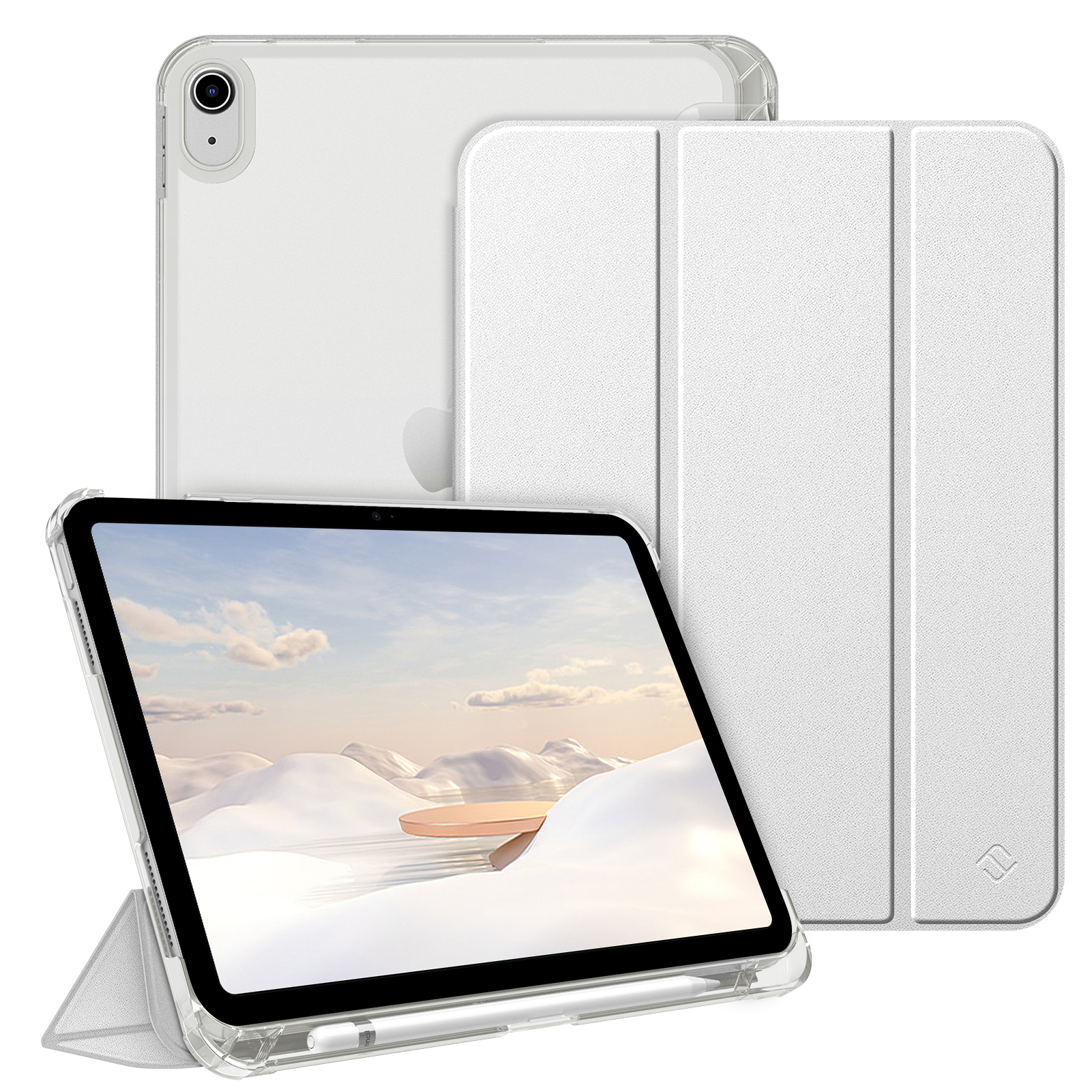 Weißes iPad in transparenter Hülle mit Cover auf weißer Oberfläche.